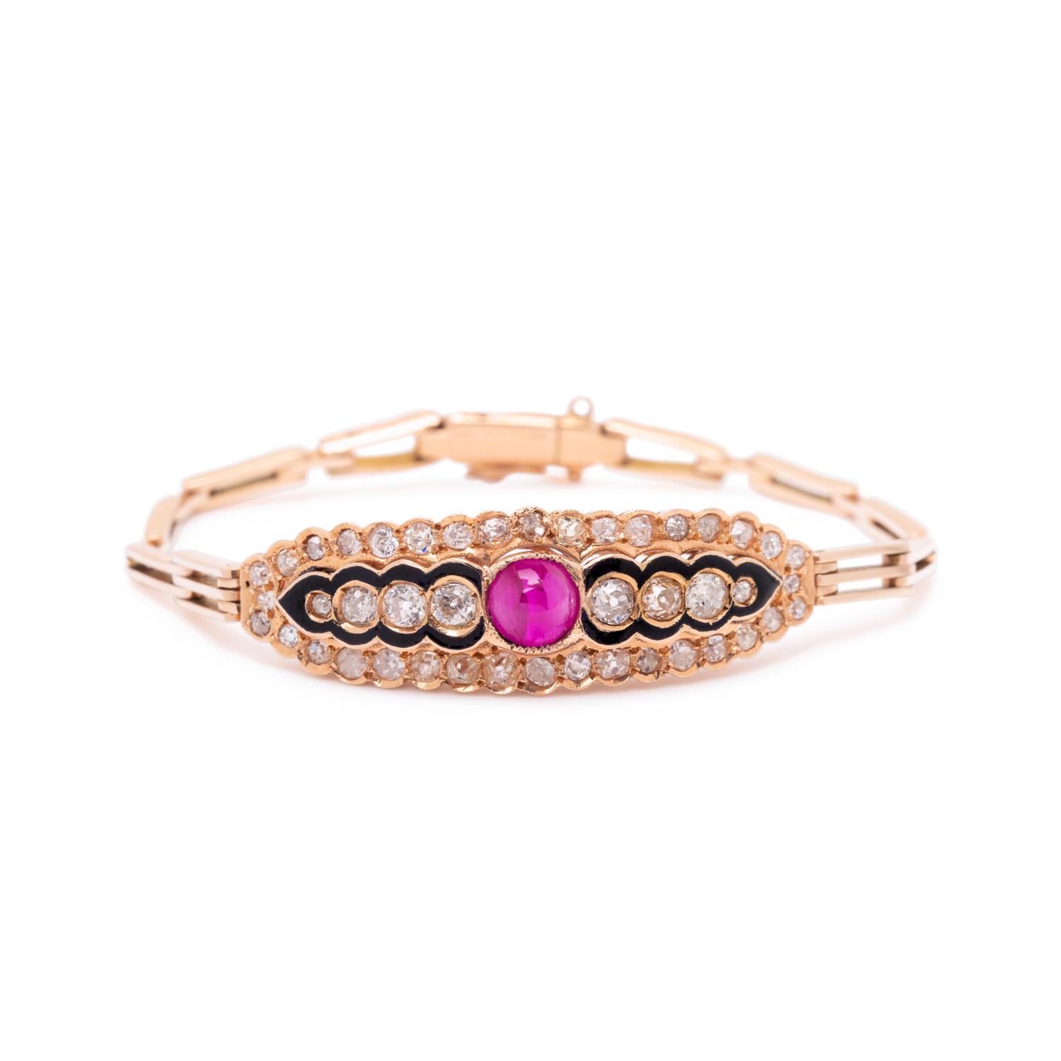 ROSE GOLD, SYNTHETIC RUBY AND DIAMOND BRACELET