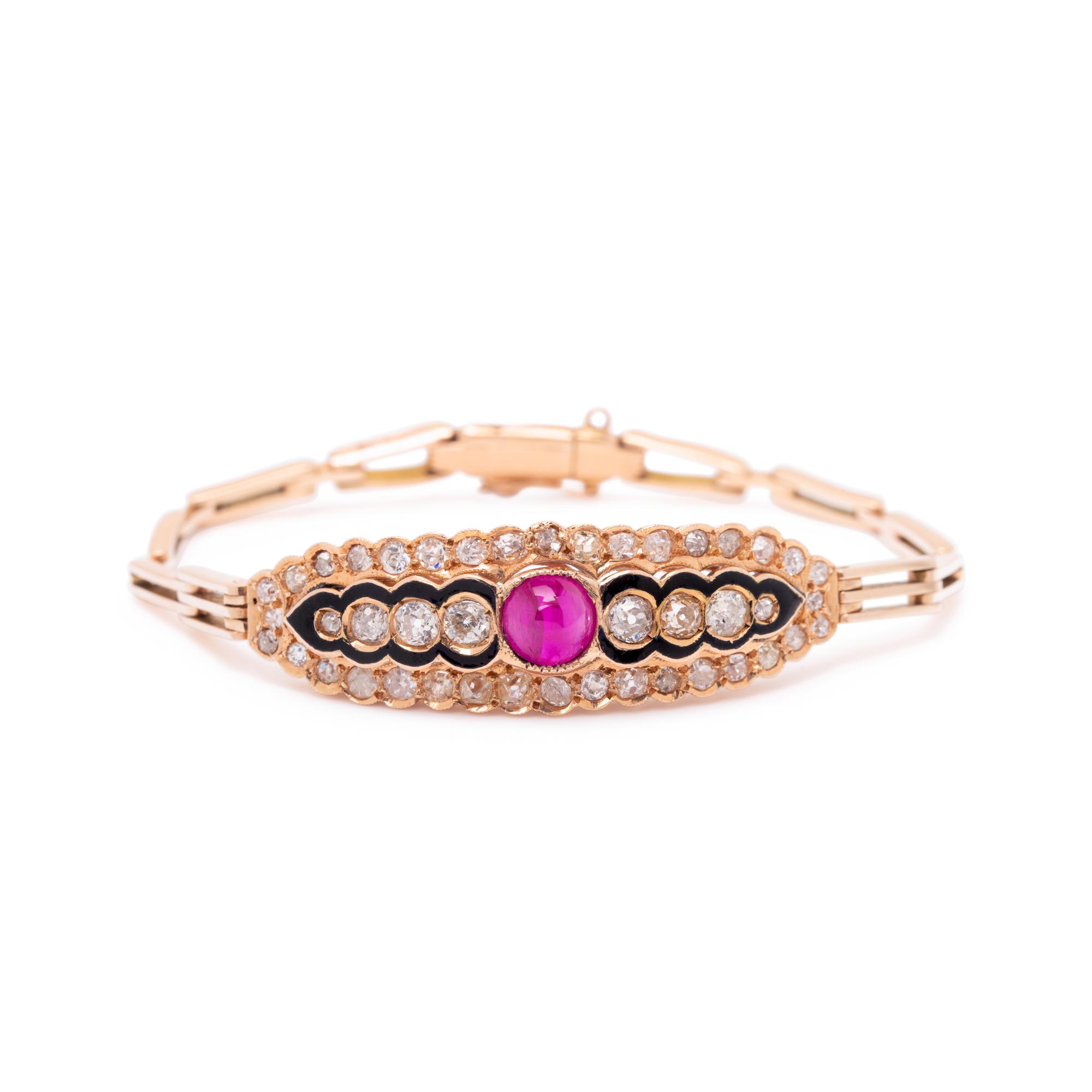 ROSE GOLD, SYNTHETIC RUBY AND DIAMOND BRACELET