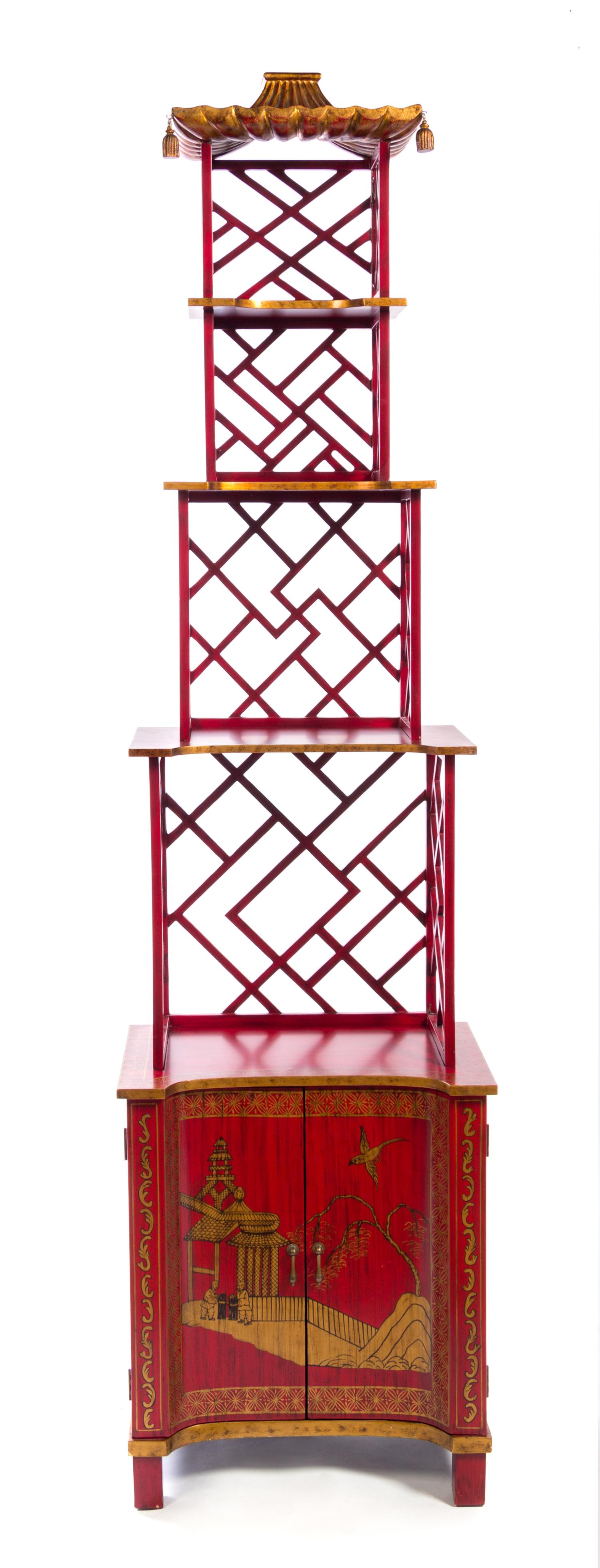 A Chinese Chippendale Style Painted and Parcel Gilt Etagere Height 82 x width 22 x depth 15 inches. — 20TH CENTURY