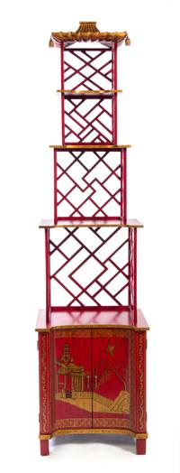 A Chinese Chippendale Style Painted and Parcel Gilt Etagere Height 82 x width 22 x depth 15 inches. — 20TH CENTURY