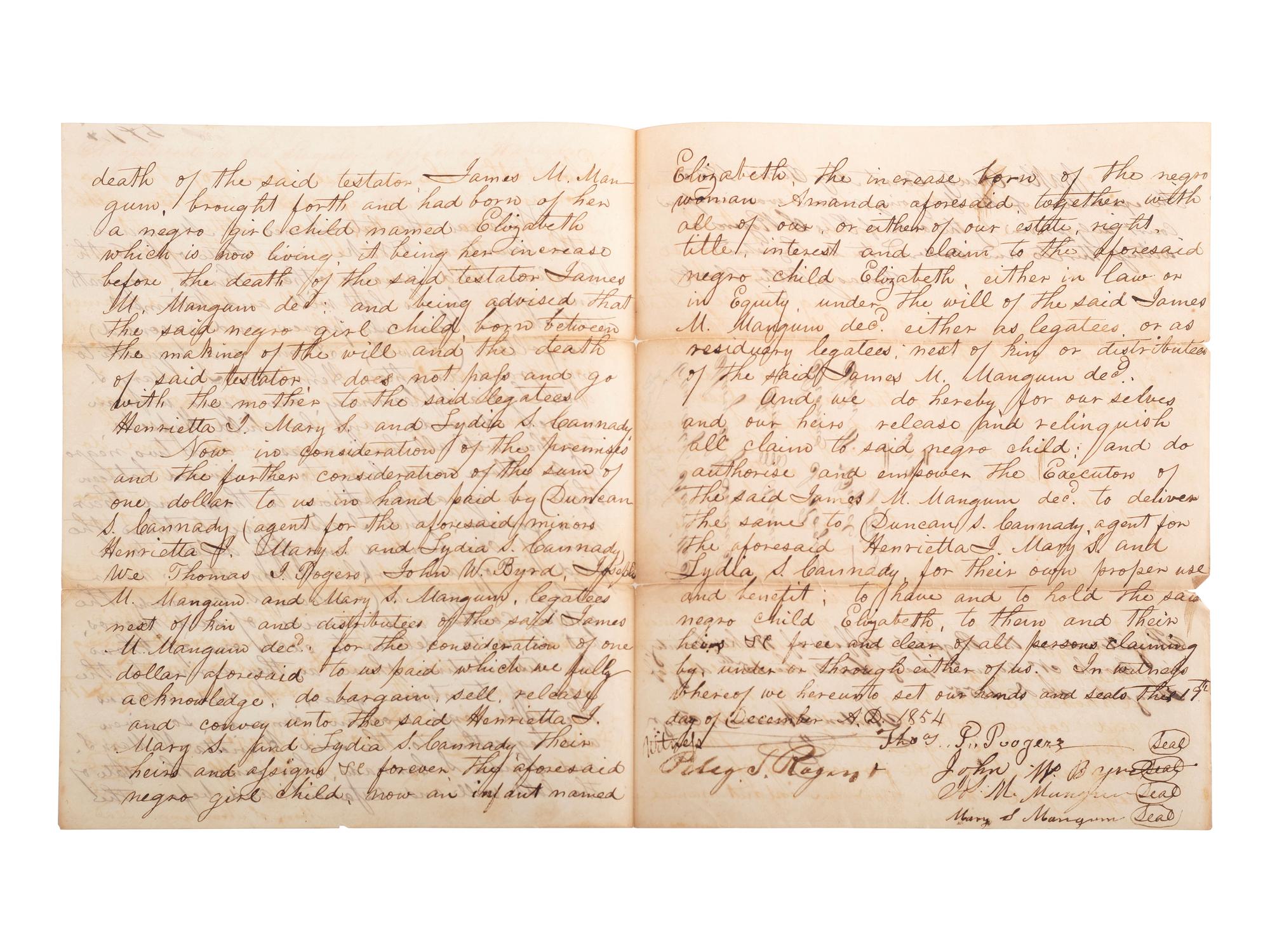[SLAVERY & ABOLITION]. Manuscript legal document related to claims on the enslaved infant "Elizabeth," child of the enslaved woman "Amanda." Wake County, NC, 1854.