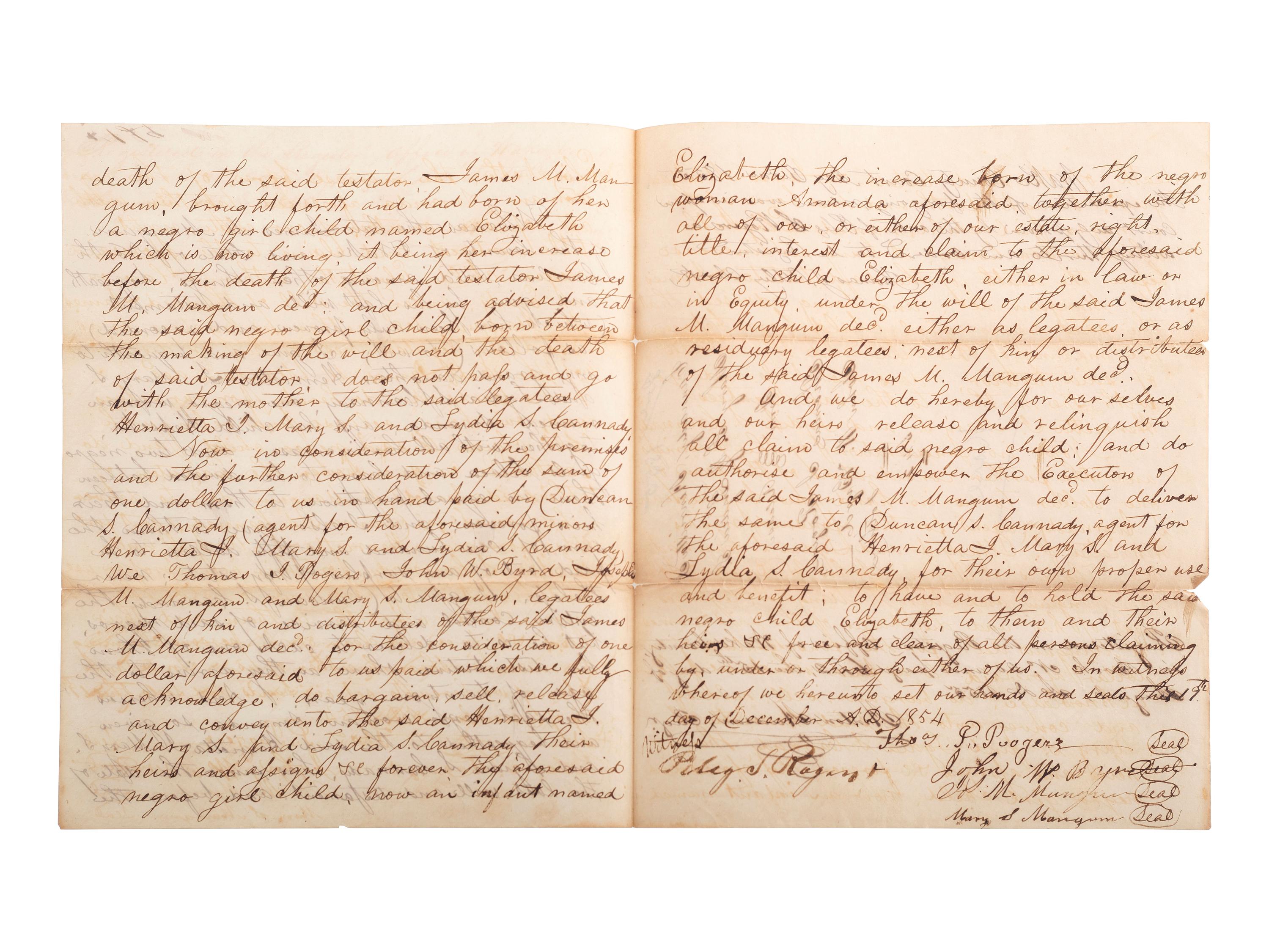 [SLAVERY & ABOLITION]. Manuscript legal document related to claims on the enslaved infant "Elizabeth," child of the enslaved woman "Amanda." Wake County, NC, 1854.