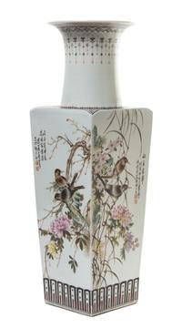 A Famille Rose Porcelain Square Vase Height 25 1/4 inches.