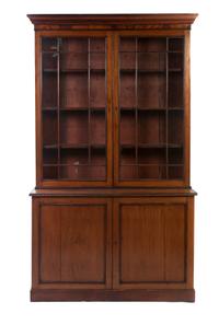 A George III Mahogany Stepback Cupboard, Height 94 x width 54 x depth 20 1/4 inches.