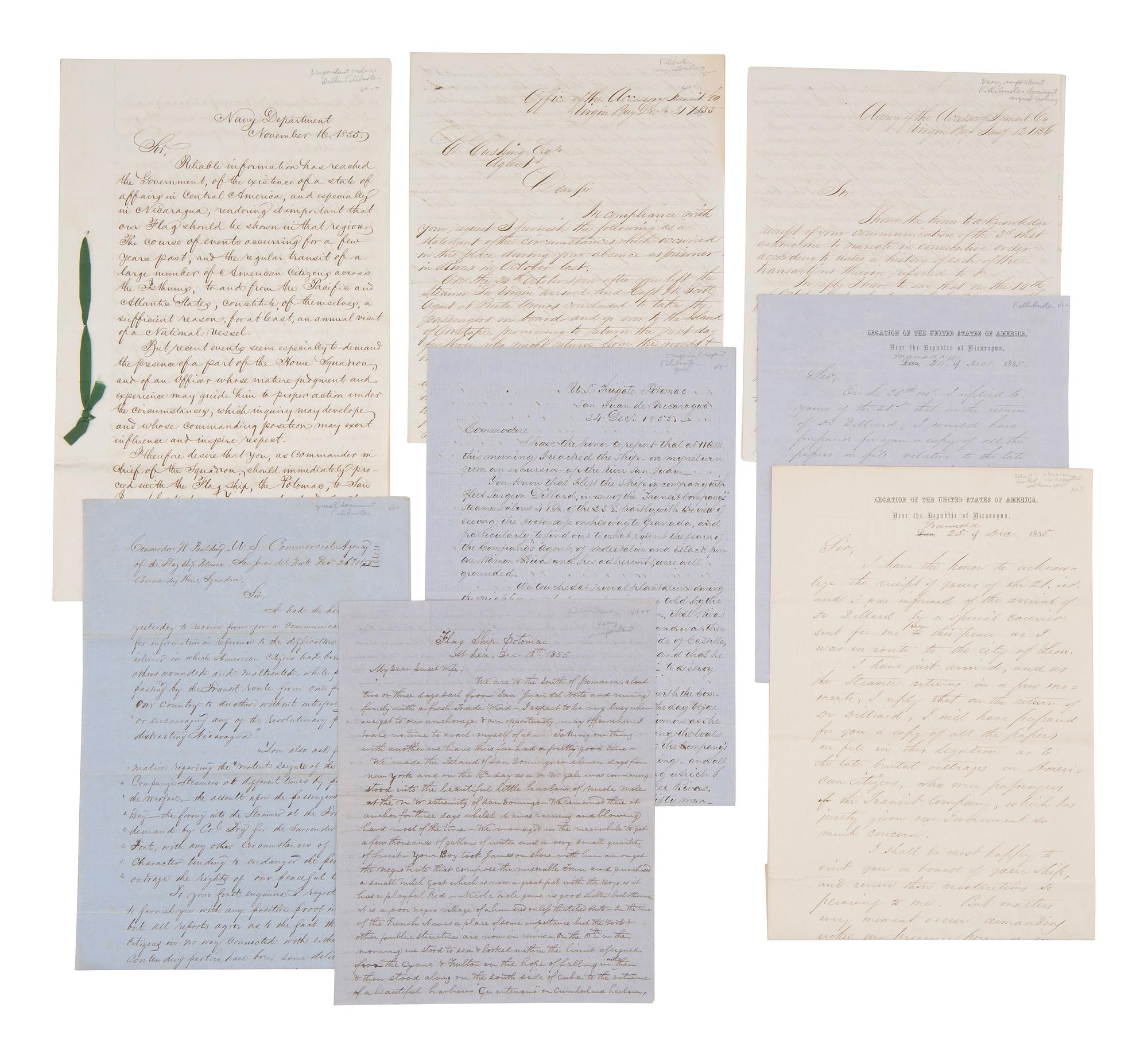 [FILIBUSTERS]. PAULDING, Rear Admiral Hiram (1797-1878) and WALKER, William (1824-1860). Correspondence associated with the Home Squadron, the Walker Expedition, and Vanderbilt's Accessory Transit Company, incl. William Walker ALsS, 1855-1858.