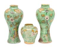 Three Chinese Yellow, Green and Purple Glazed Stoneware Articles