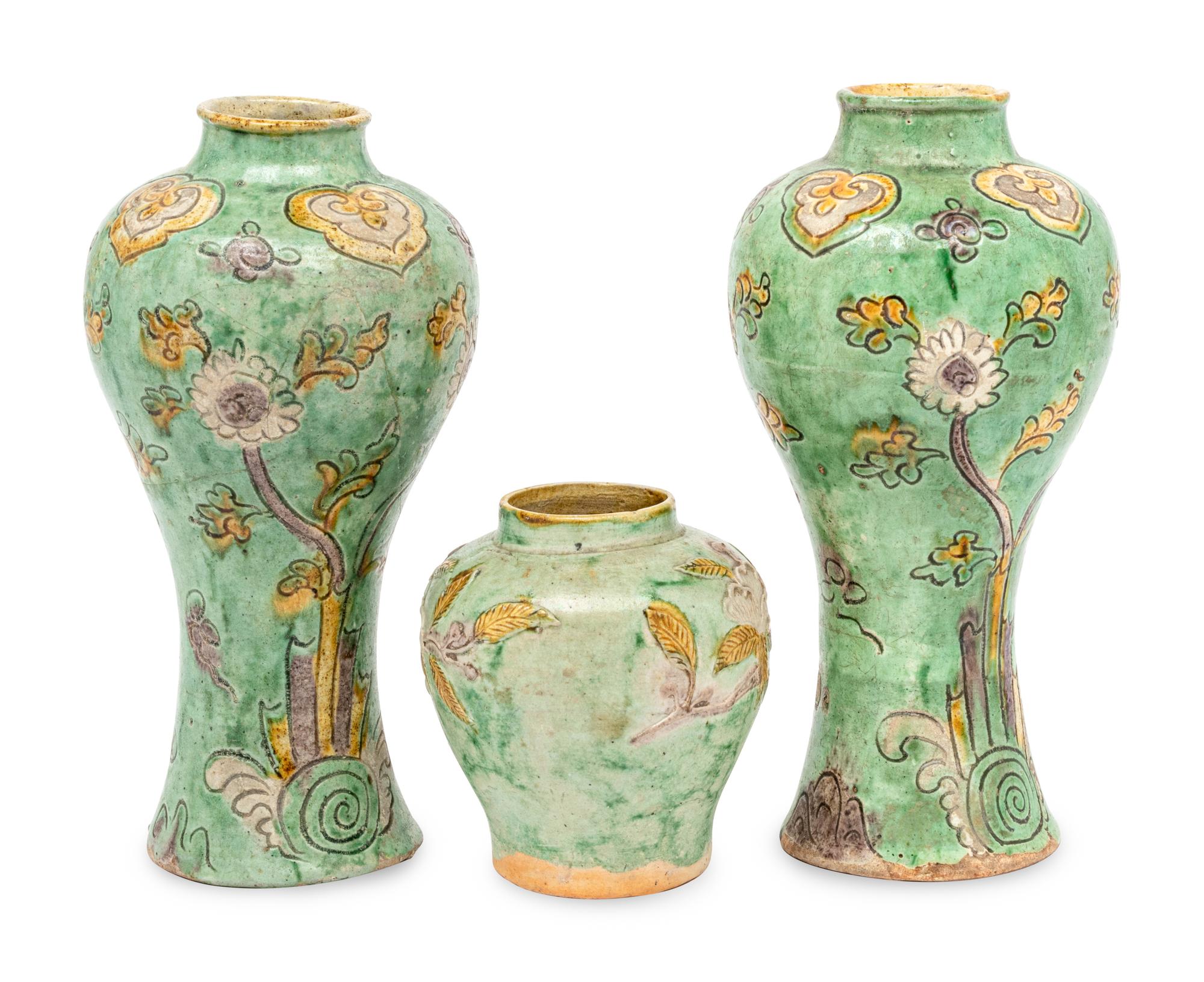 Three Chinese Yellow, Green and Purple Glazed Stoneware Articles