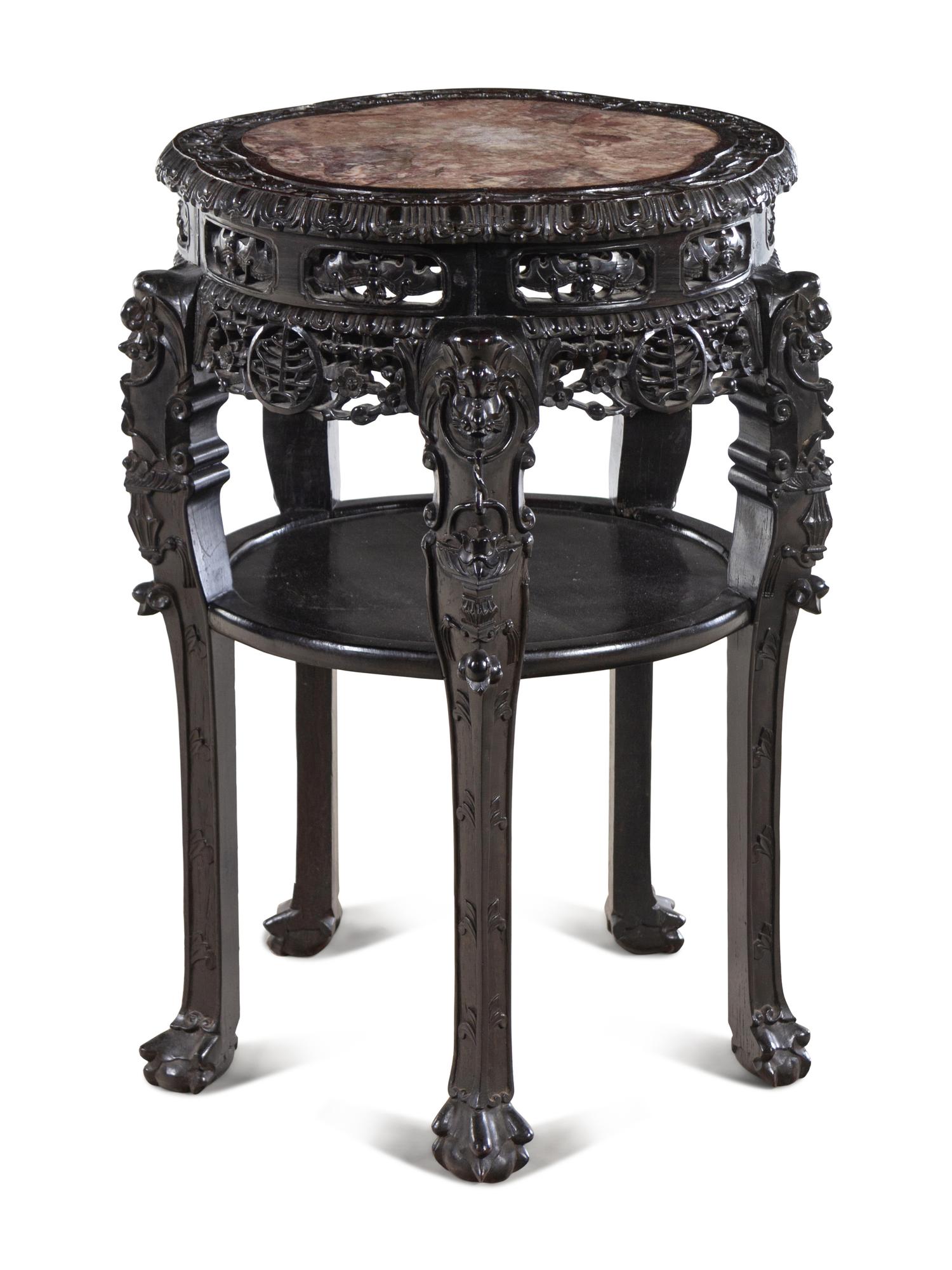 A Chinese Carved Hardwood and Marble-Inset Table