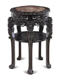 A Chinese Carved Hardwood and Marble-Inset Table