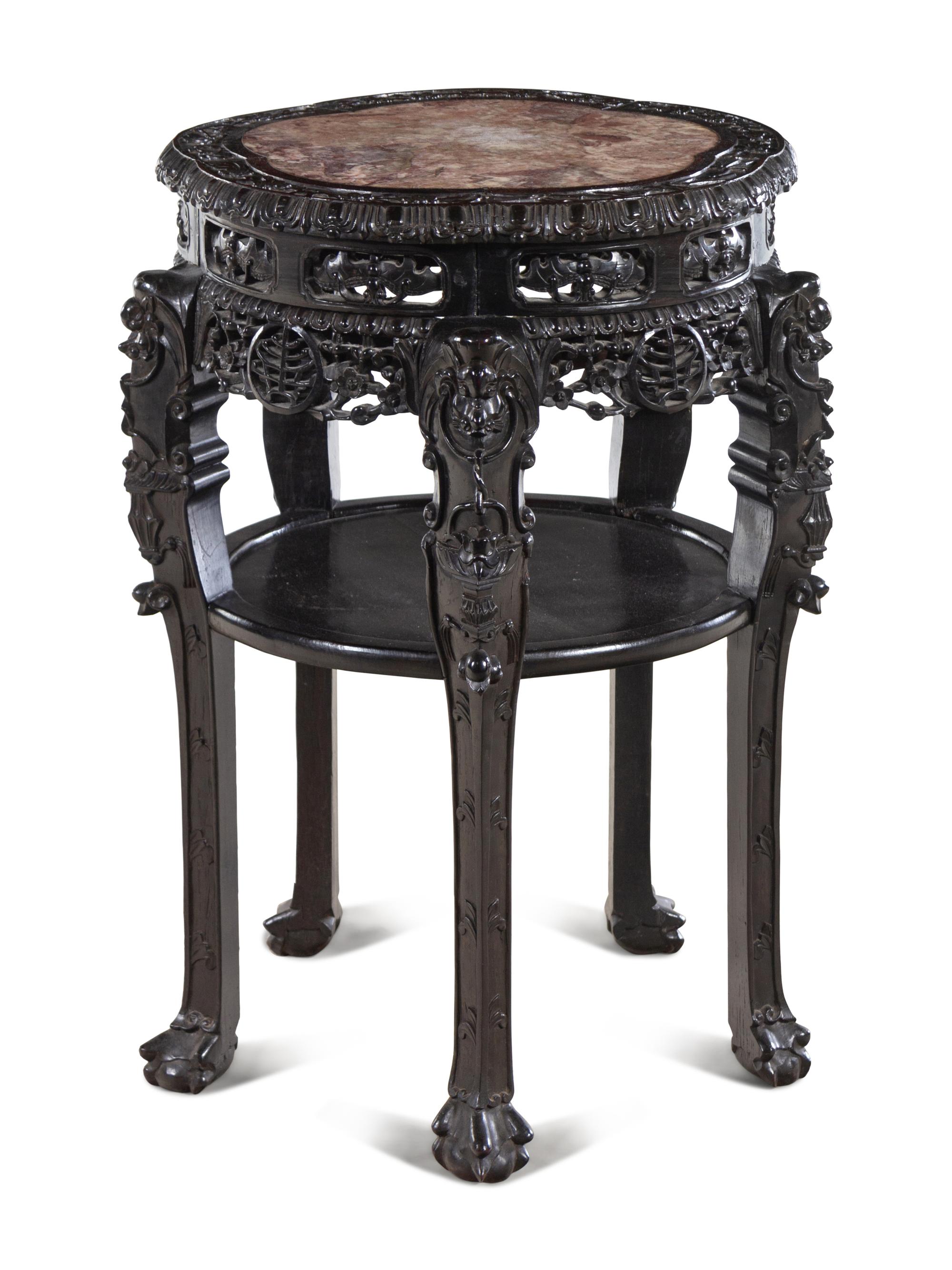 A Chinese Carved Hardwood and Marble-Inset Table