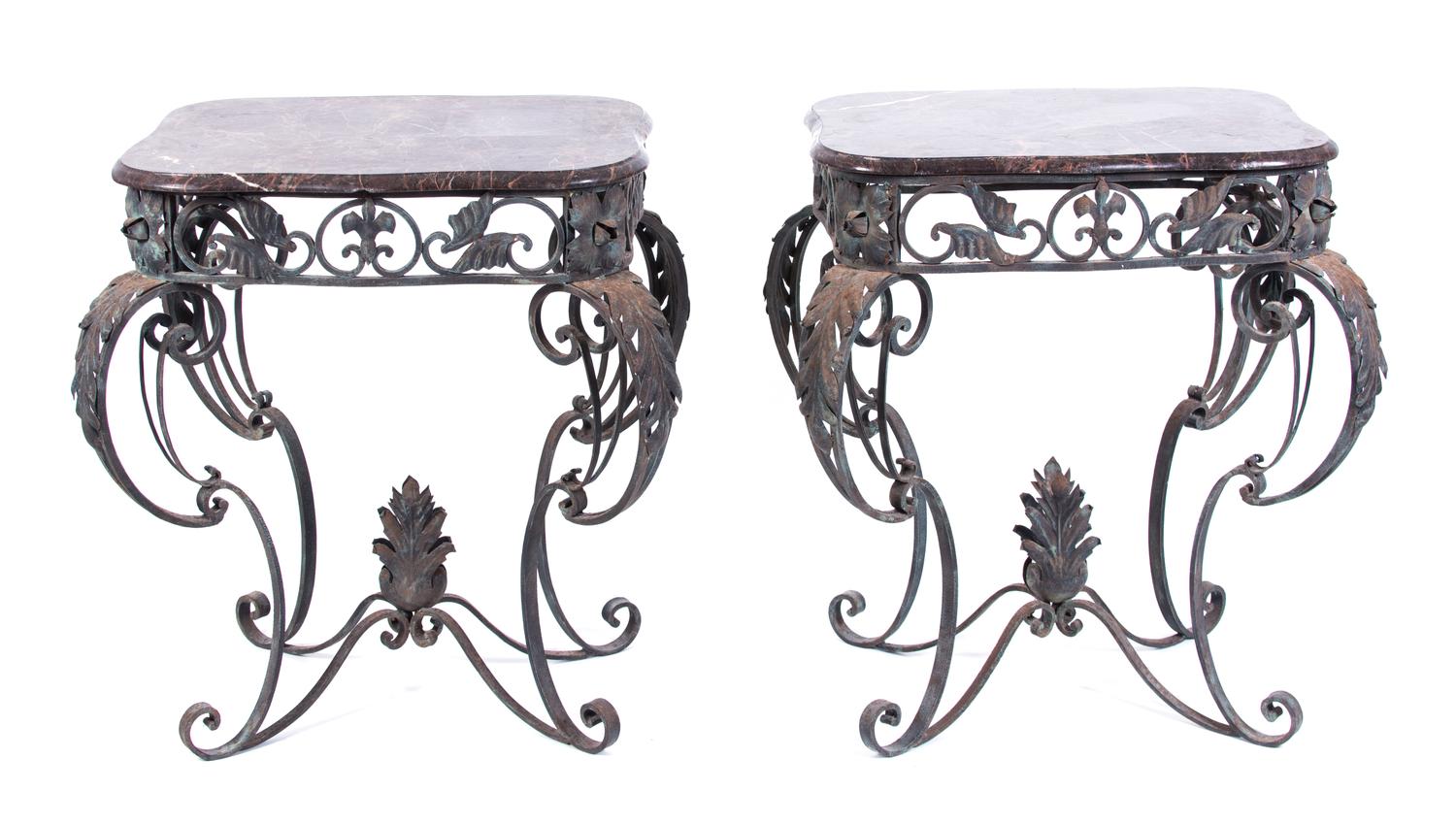 A Pair of Wrought Iron and Marble Side Tables Height 33 1/2 x width 27 x depth 21 inches. — 20TH CENTURY