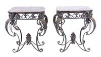 A Pair of Wrought Iron and Marble Side Tables Height 33 1/2 x width 27 x depth 21 inches. — 20TH CENTURY