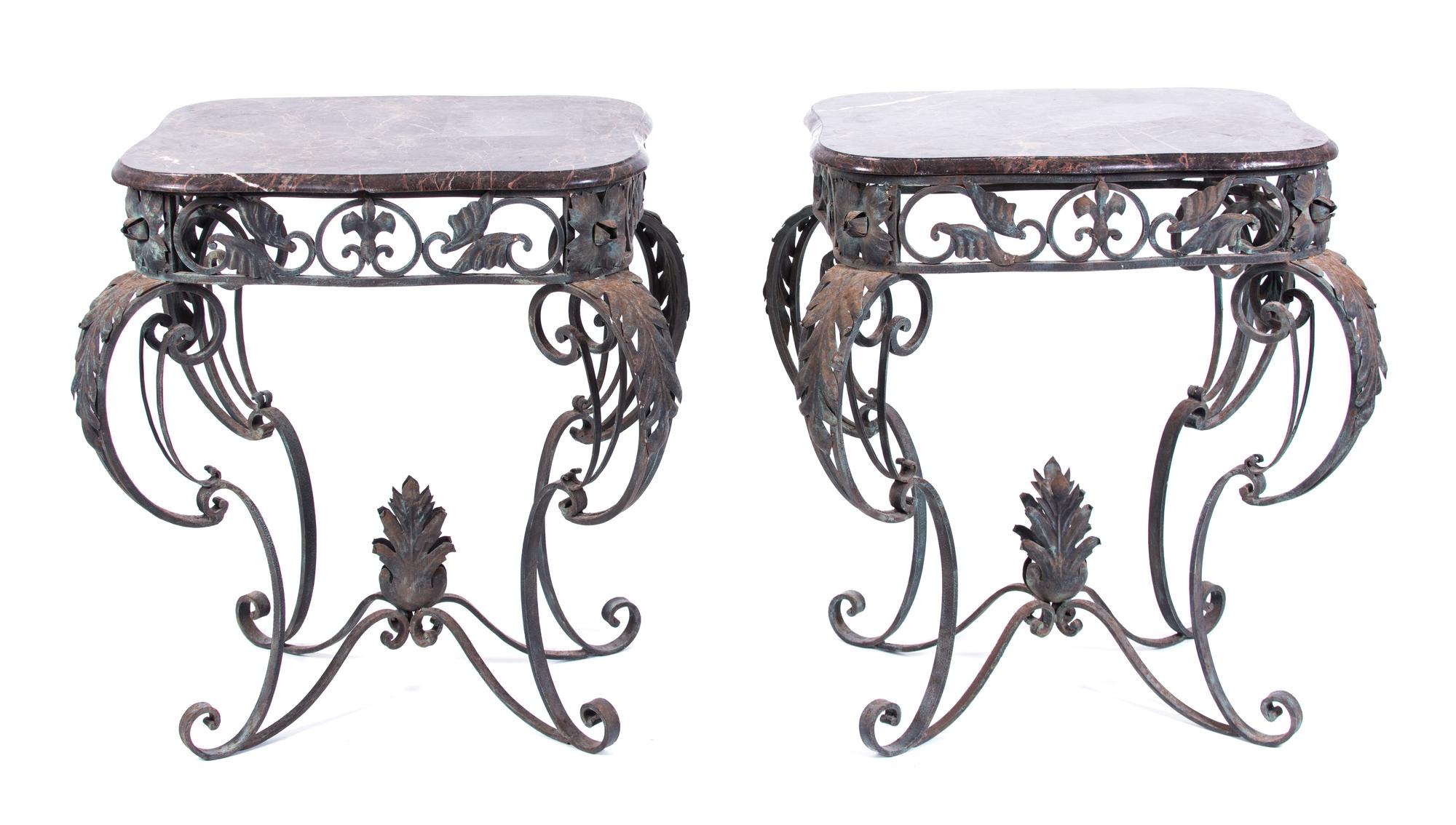 A Pair of Wrought Iron and Marble Side Tables Height 33 1/2 x width 27 x depth 21 inches. — 20TH CENTURY