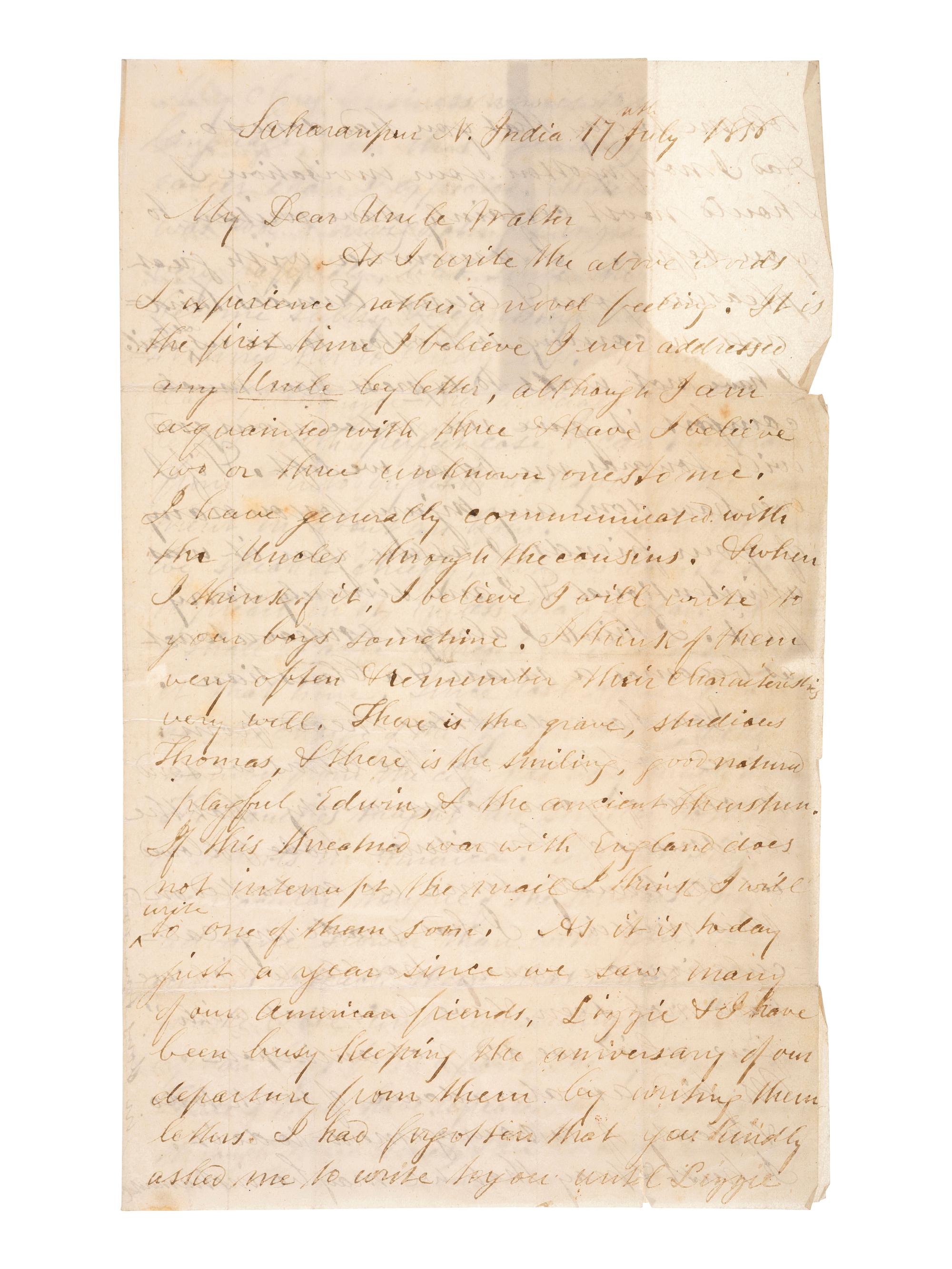 [MISSIONARIES]. A group of 3 letters written by Presbyterian missionary Rev. William Calderwood from Saharanpur, India, during the 1857 First War of Indian Independence.