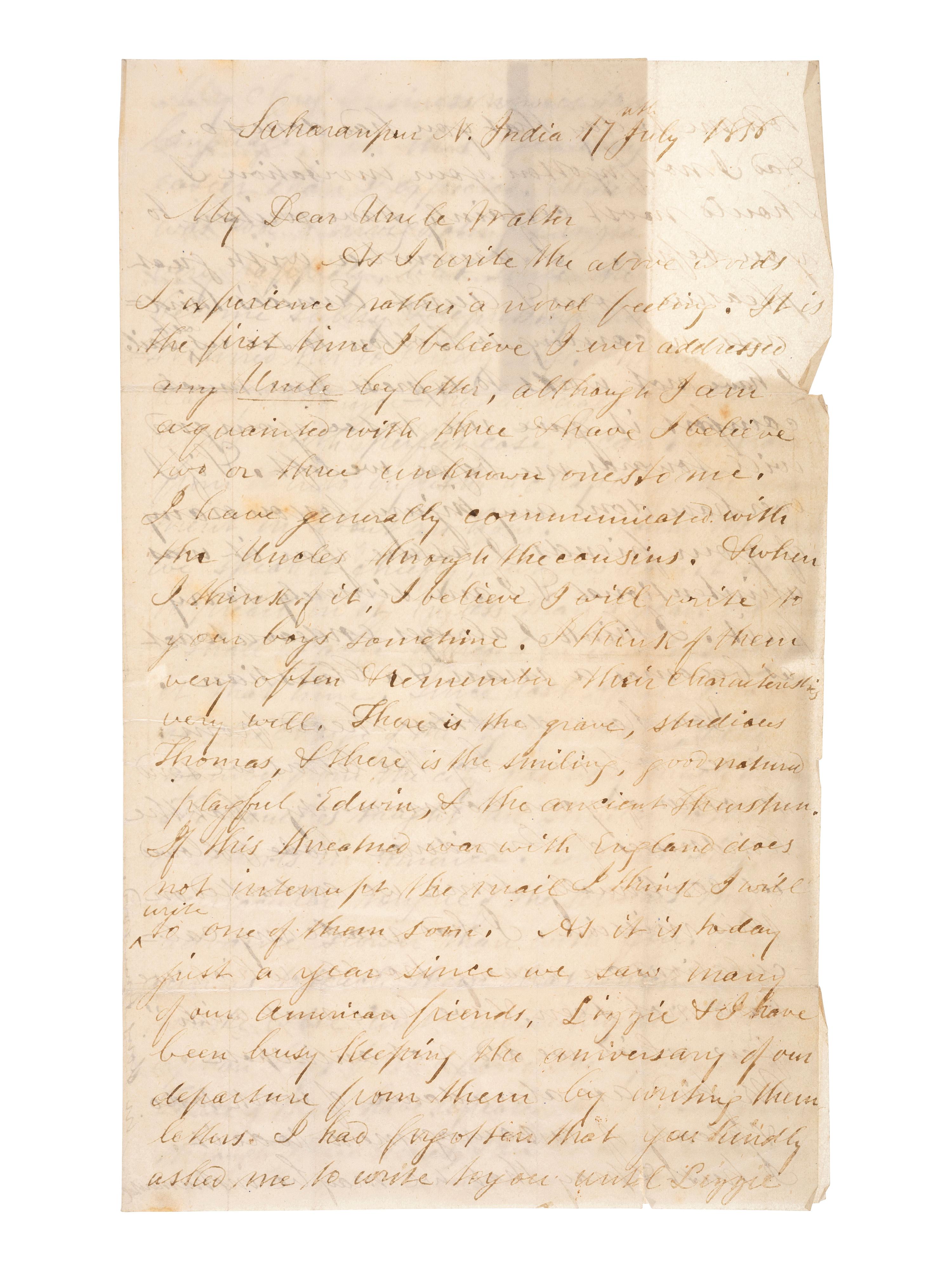 [MISSIONARIES]. A group of 3 letters written by Presbyterian missionary Rev. William Calderwood from Saharanpur, India, during the 1857 First War of Indian Independence.