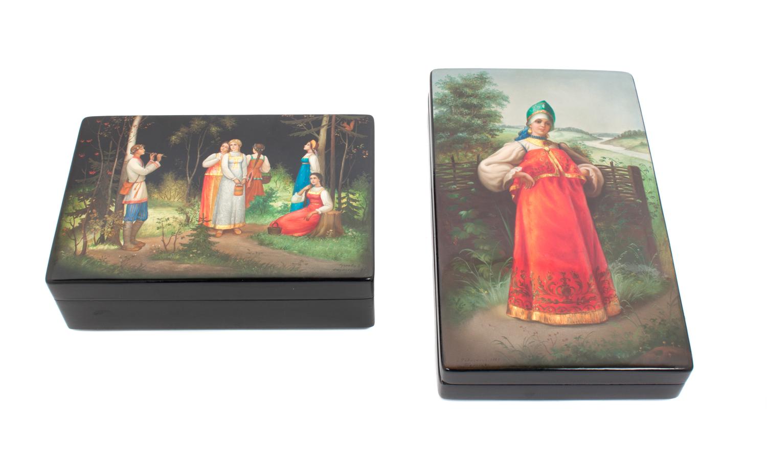 Two Russian Lacquered Boxes Length of larger 10 1/4 inches. — 20TH CENTURY