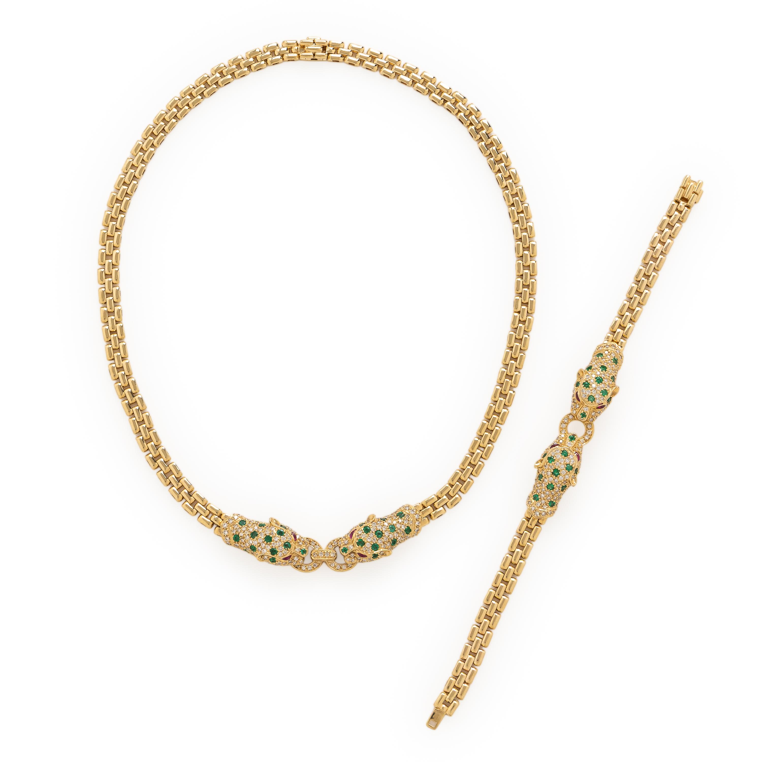 Multigem and Yellow Gold Panther Necklace and Bracelet