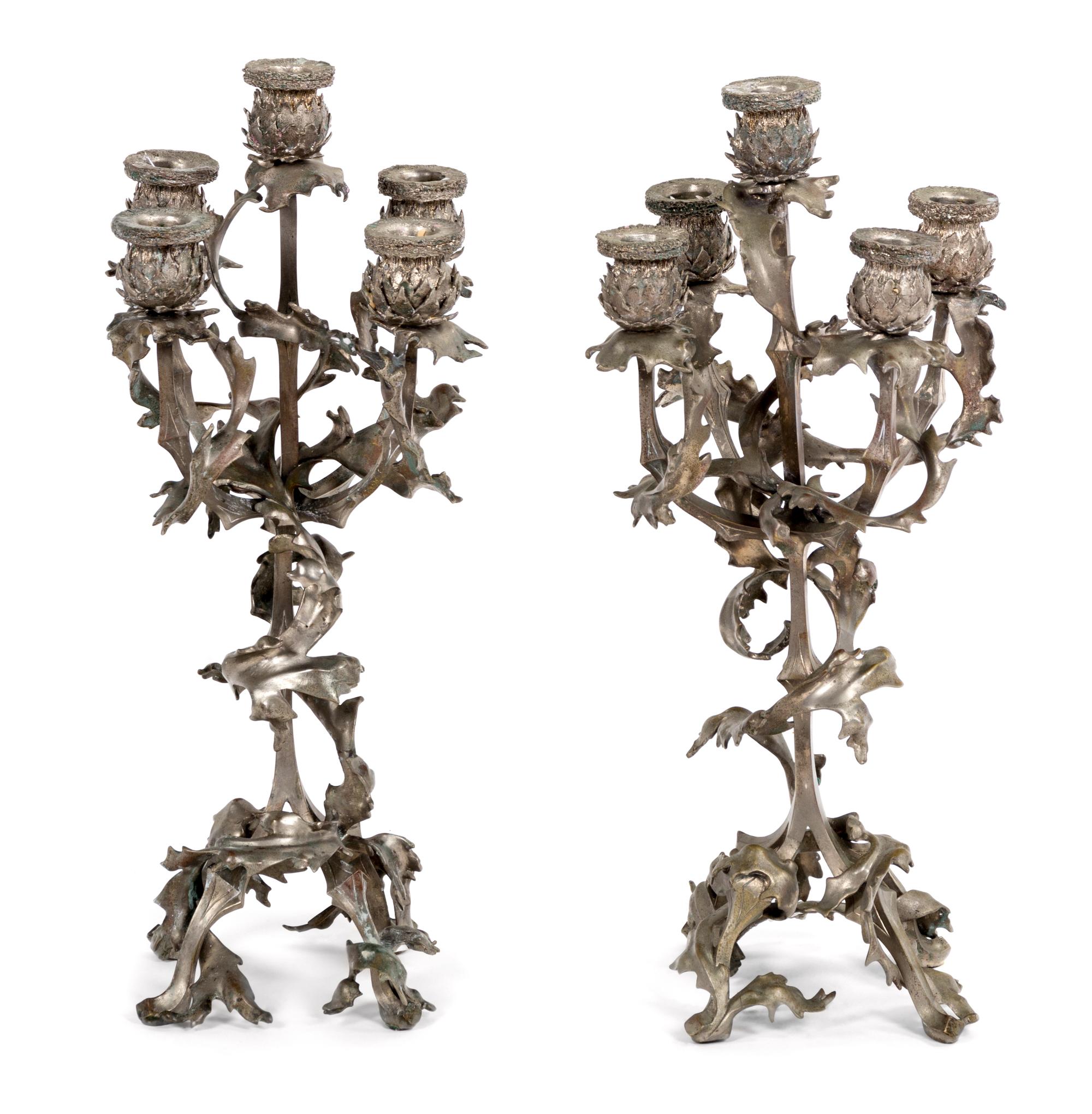 A Pair of Silvered-Metal Five-Light Candelabra Height 21 inches. — 20TH CENTURY