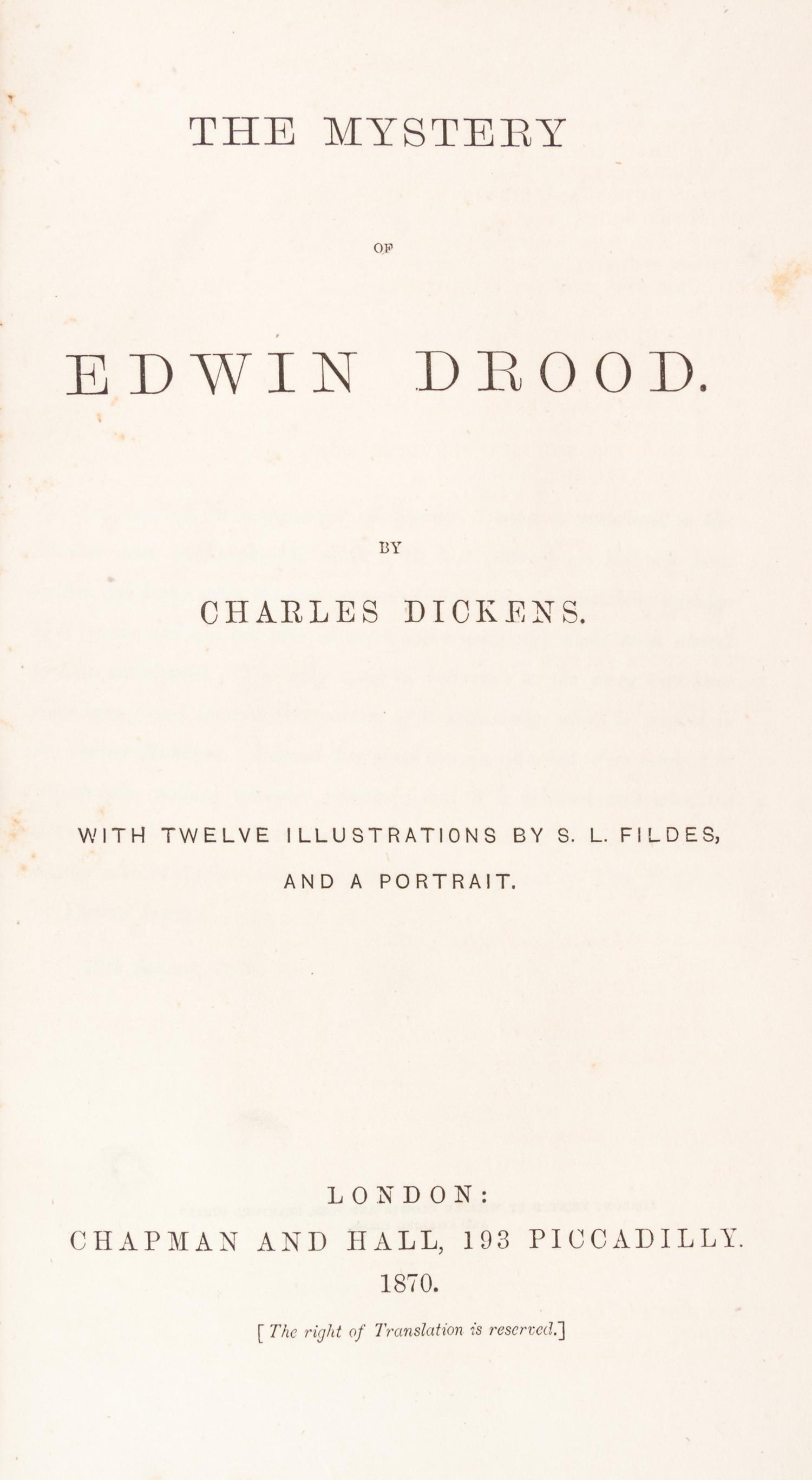 DICKENS, CHARLES. The Mystery of Edwin Drood. Lon, 1870. 1st ed., from parts. w/Master Humphrey..Lon, 1840-41. 3v. 1st ed, fr. parts.