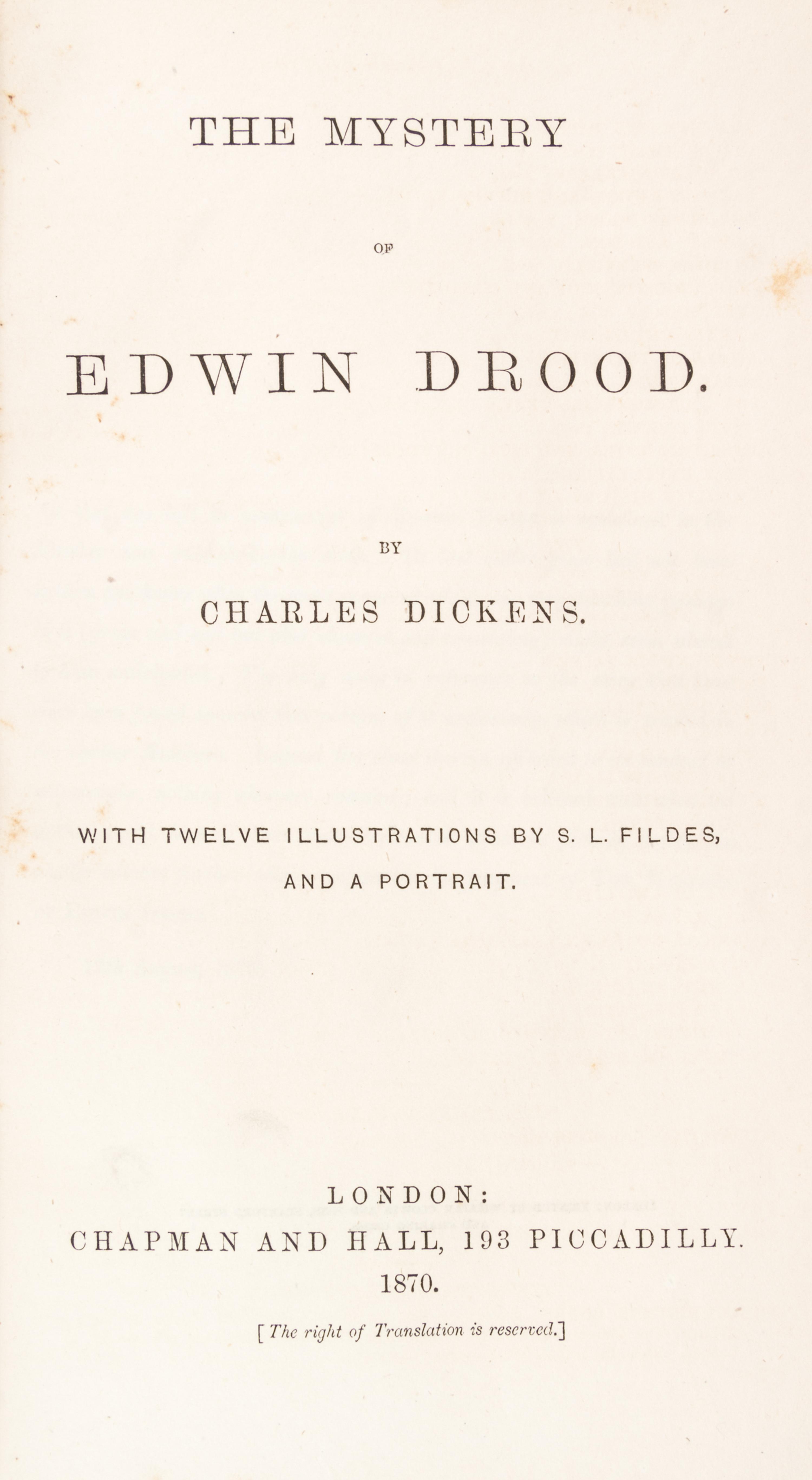 DICKENS, CHARLES. The Mystery of Edwin Drood. Lon, 1870. 1st ed., from parts. w/Master Humphrey..Lon, 1840-41. 3v. 1st ed, fr. parts.