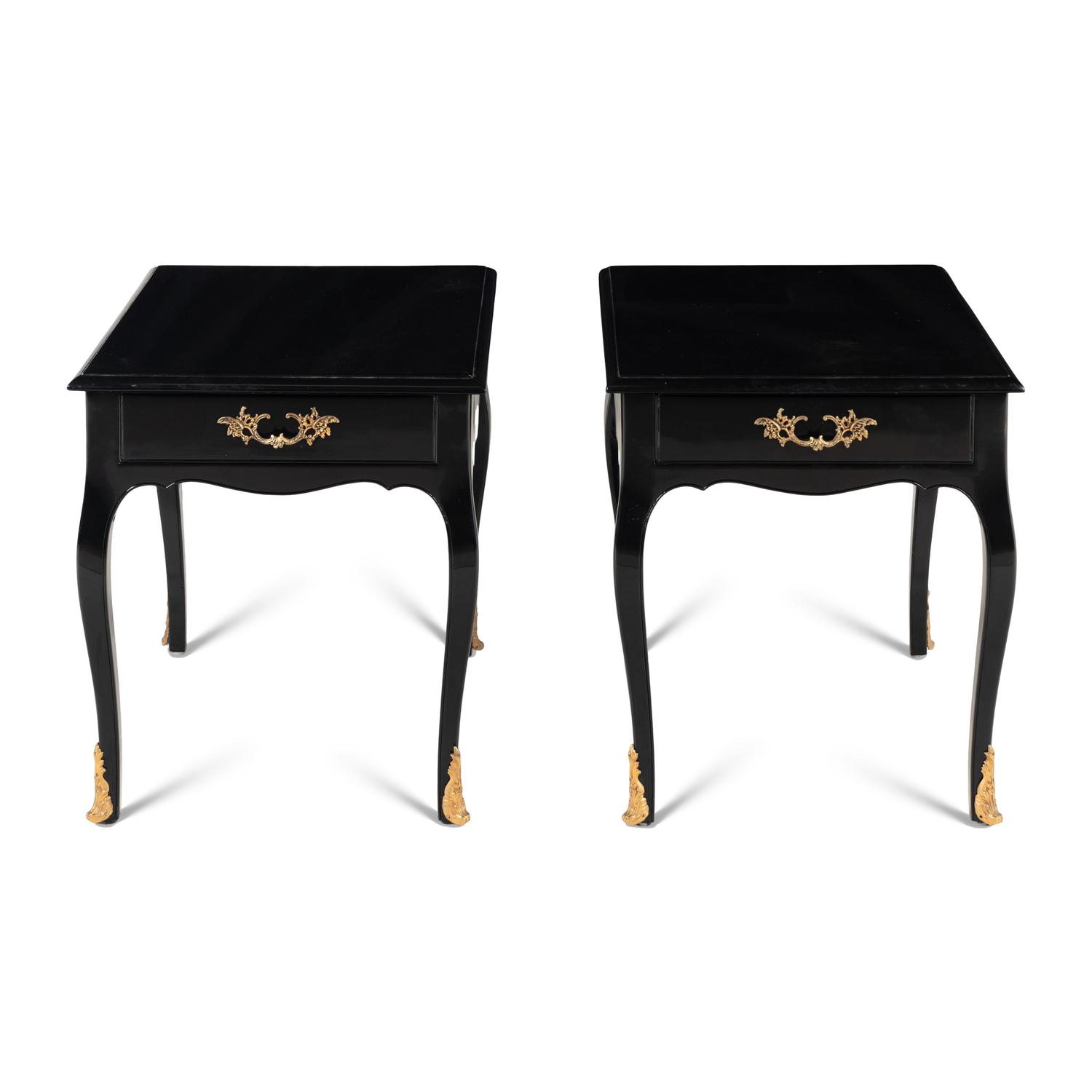 A Pair of Louis XV Style Black Painted and Gilt Bronze Mounted Side Tables