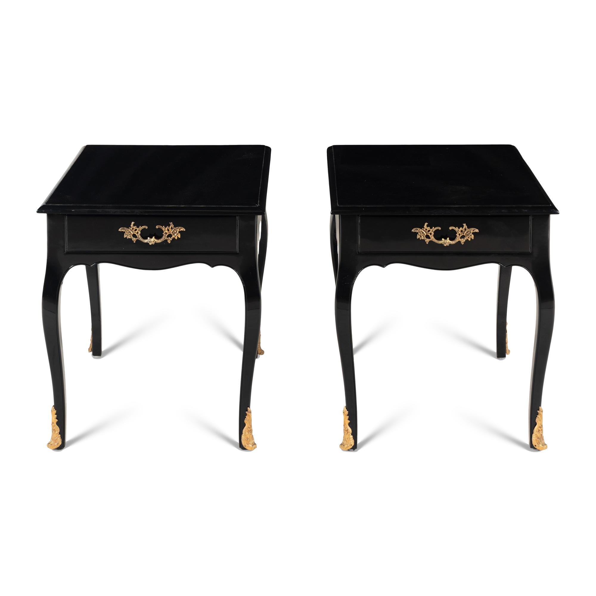 A Pair of Louis XV Style Black Painted and Gilt Bronze Mounted Side Tables