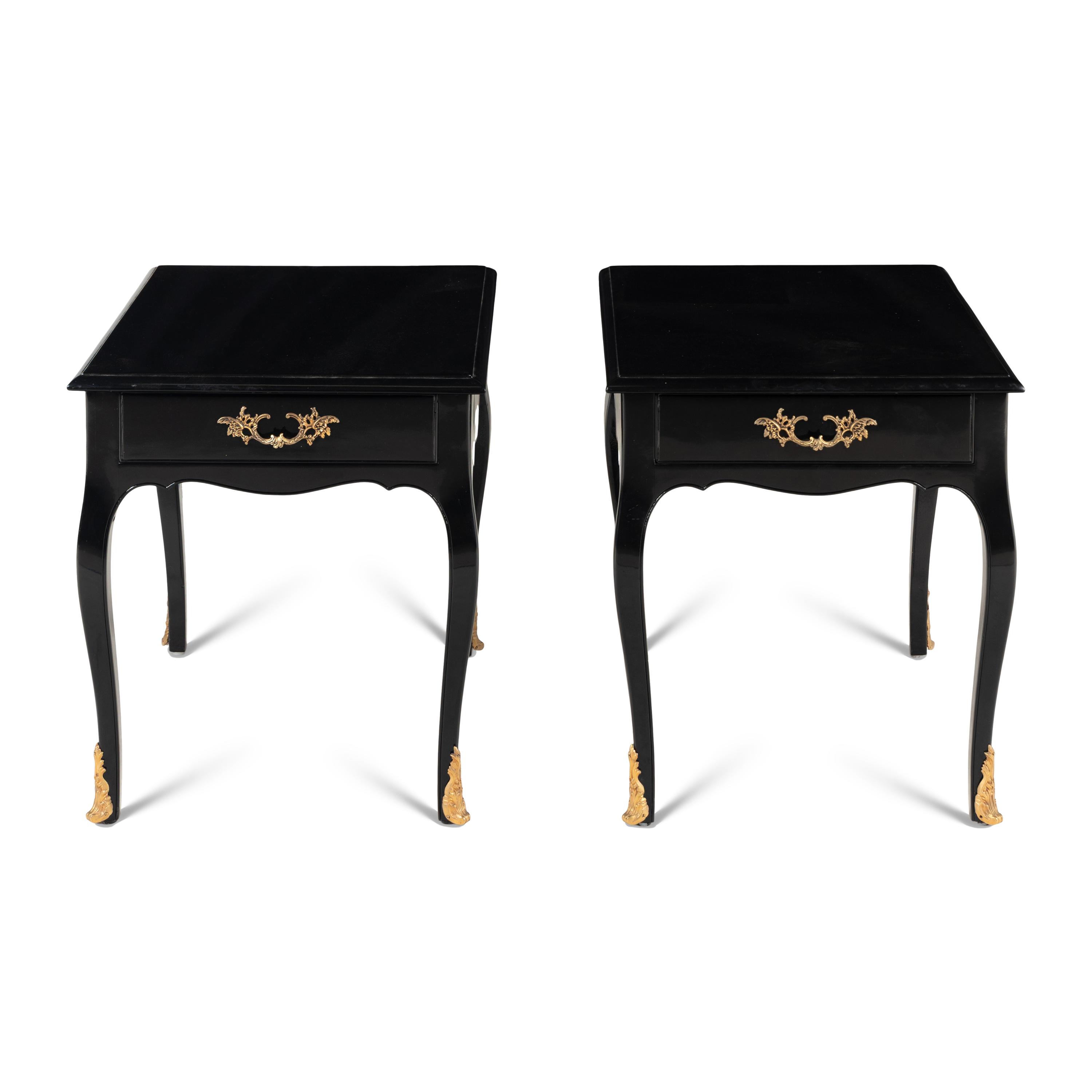A Pair of Louis XV Style Black Painted and Gilt Bronze Mounted Side Tables