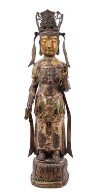 A Korean Painted and Gilt Bronze Figure of a Bodhisattva Height 37 1/2 inches. — LIKELY 17TH/18TH CENTURY