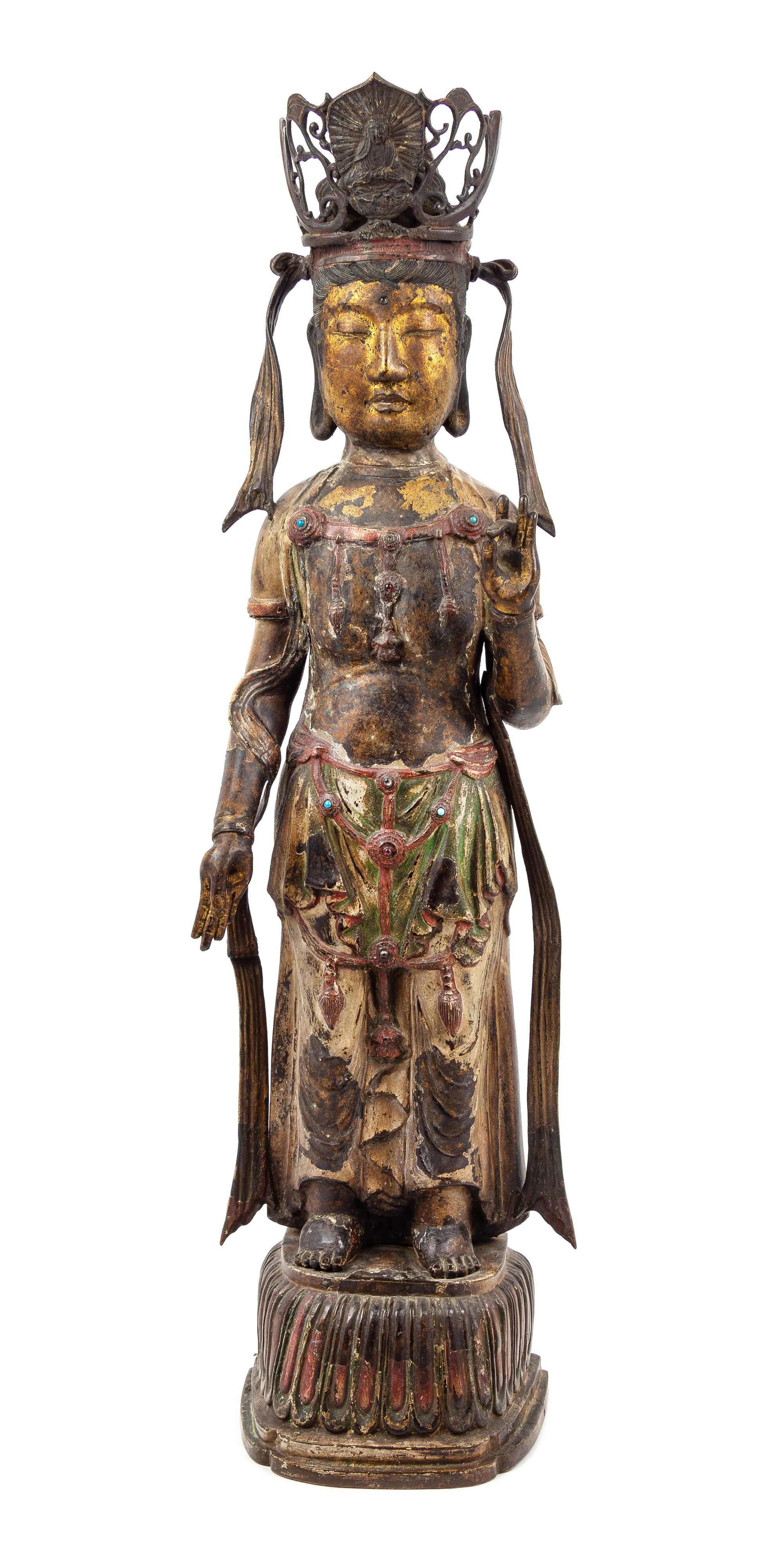 A Korean Painted and Gilt Bronze Figure of a Bodhisattva Height 37 1/2 inches. — LIKELY 17TH/18TH CENTURY