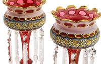 A Pair of Bohemian Enameled White Overlay Glass Lusters