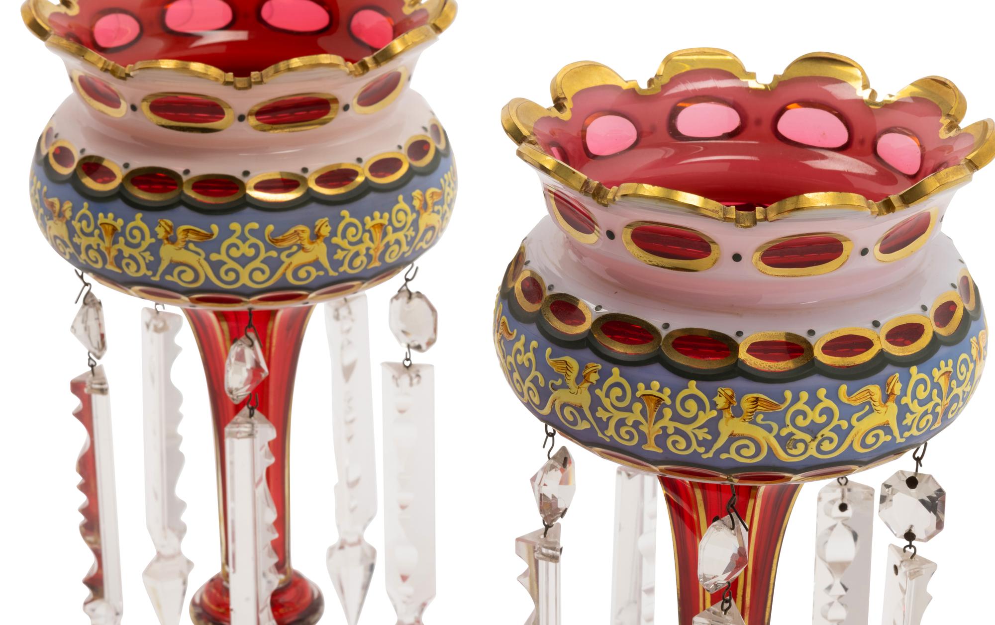 A Pair of Bohemian Enameled White Overlay Glass Lusters