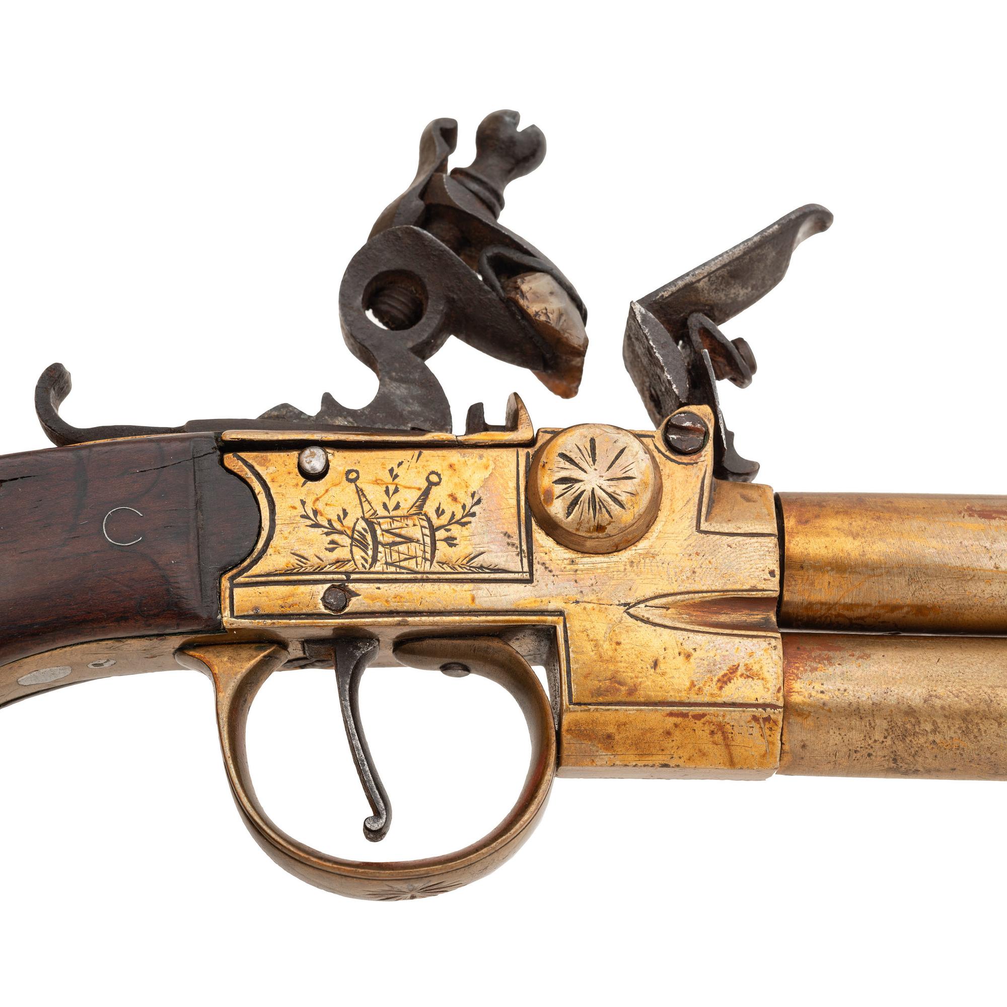 Brass Flintlock Double Barrel Tap Action Turn Off Pistol