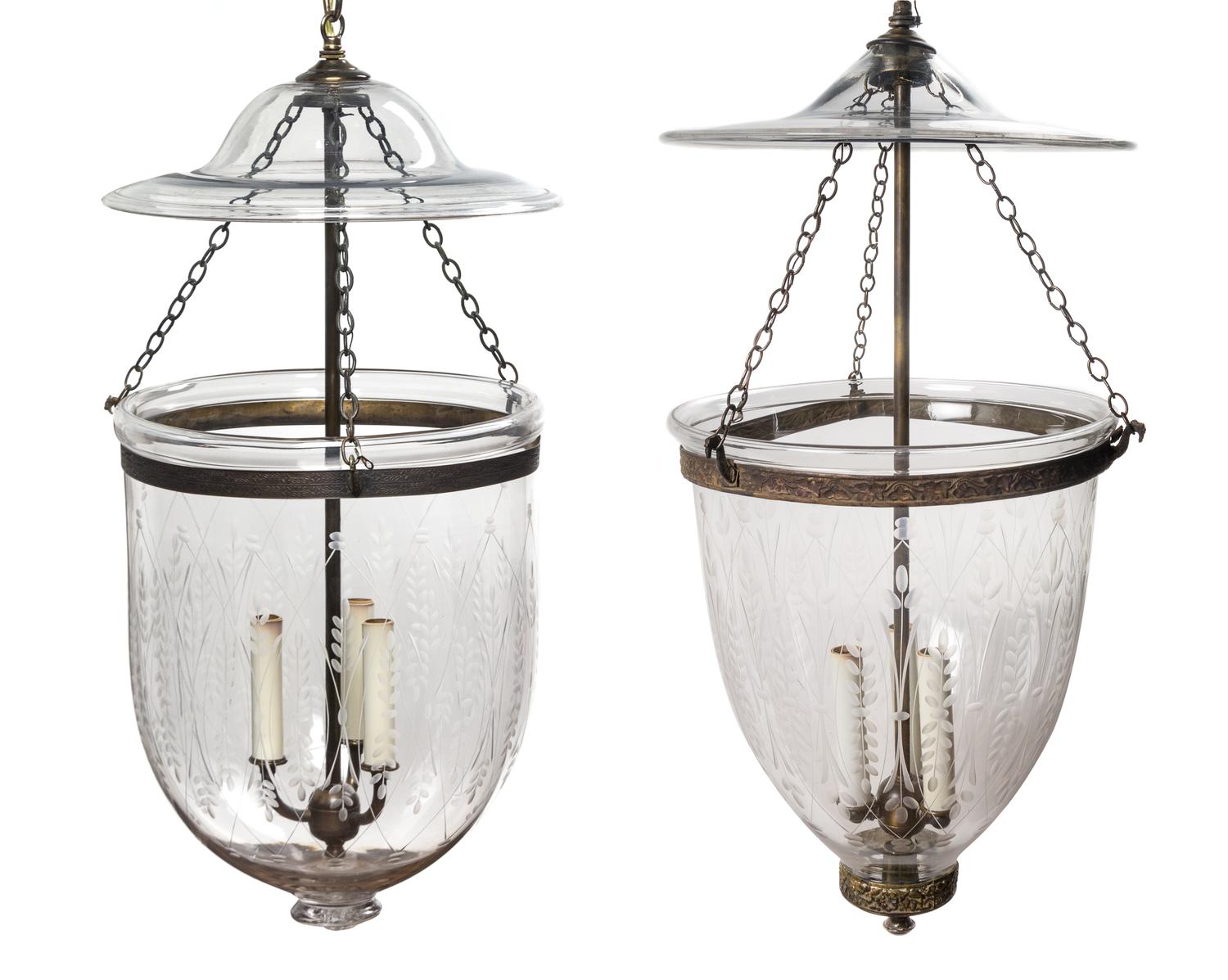 A Pair of Etched Glass Three-Light Hall Lanterns Diameter 12 inches.