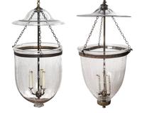 A Pair of Etched Glass Three-Light Hall Lanterns Diameter 12 inches.