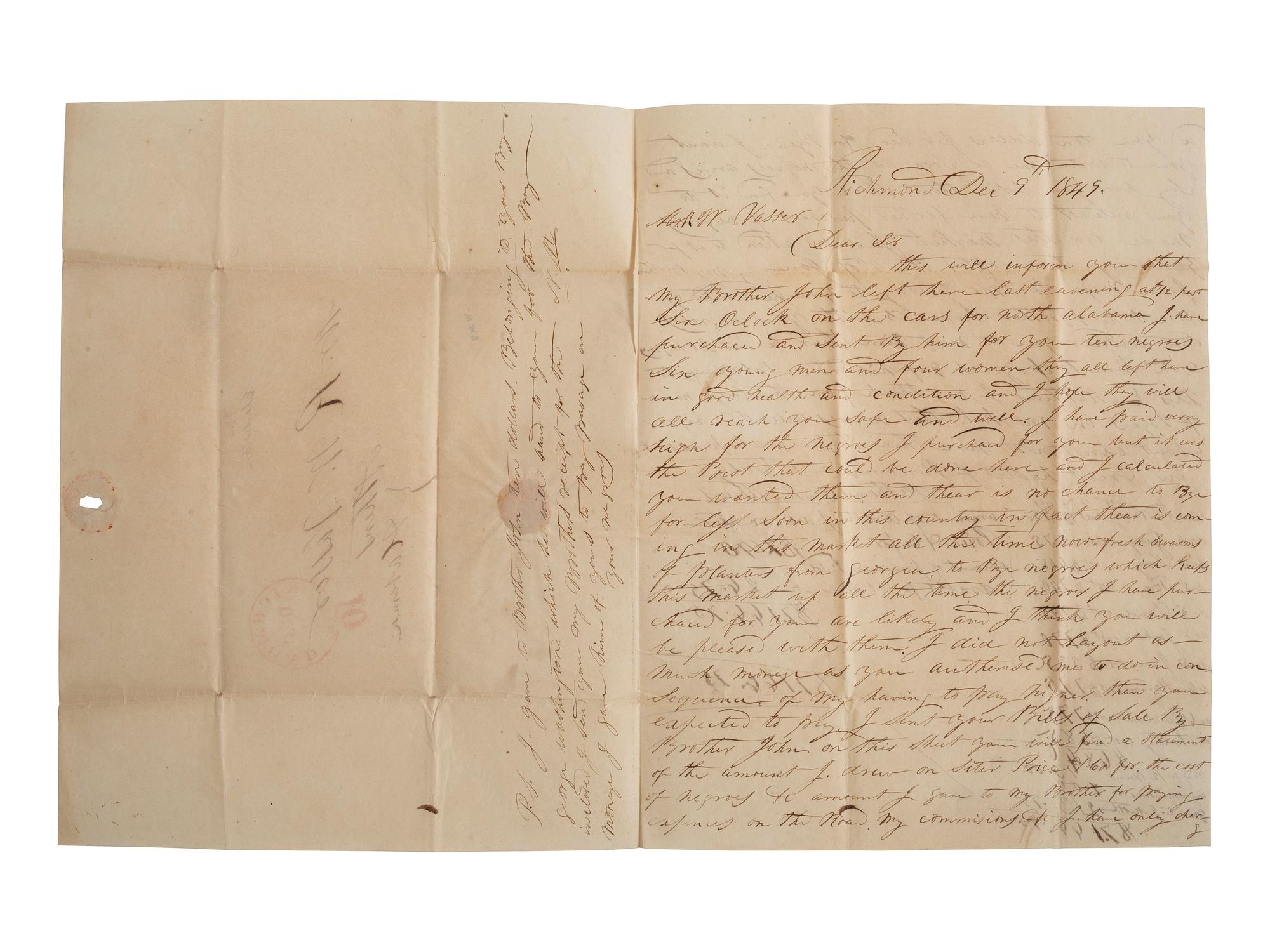 [SLAVERY & ABOLITION]. MATTHEWS, Nathaniel. Autograph letter signed ("Nathaniel Matthews"), to R.W. Vasser, with details of 10 enslaved individuals. Richmond, VA, 9 December 1849.