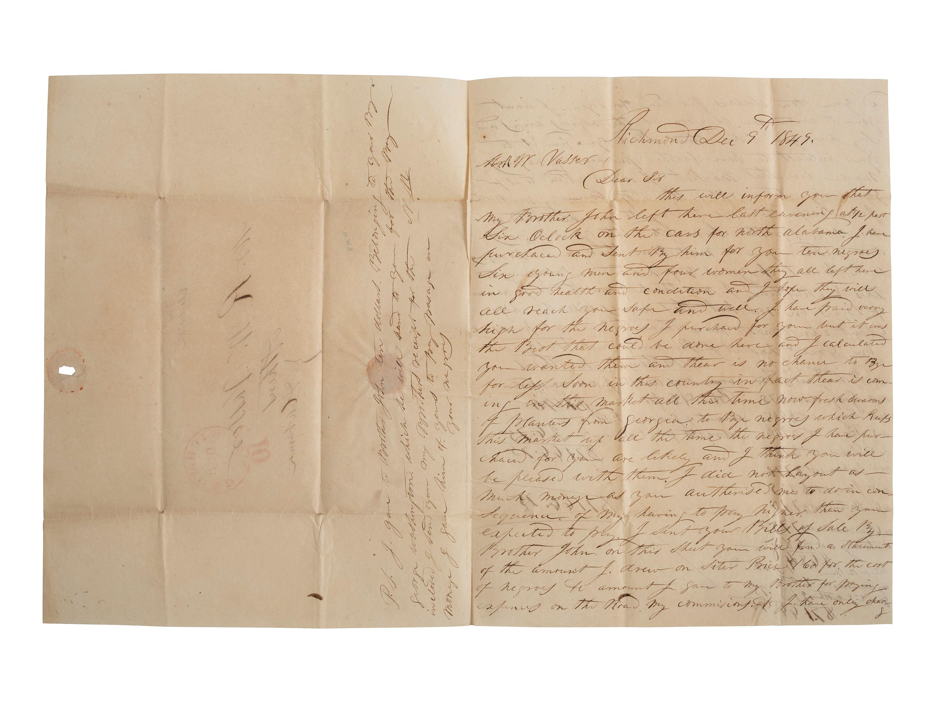 [SLAVERY & ABOLITION]. MATTHEWS, Nathaniel. Autograph letter signed ("Nathaniel Matthews"), to R.W. Vasser, with details of 10 enslaved individuals. Richmond, VA, 9 December 1849.