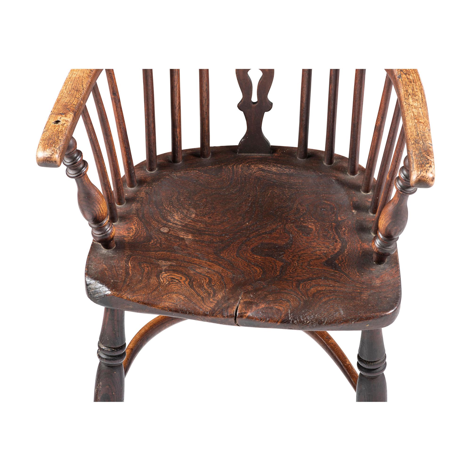 Two English Oak/Elm Carved Windsor Arm Chairs