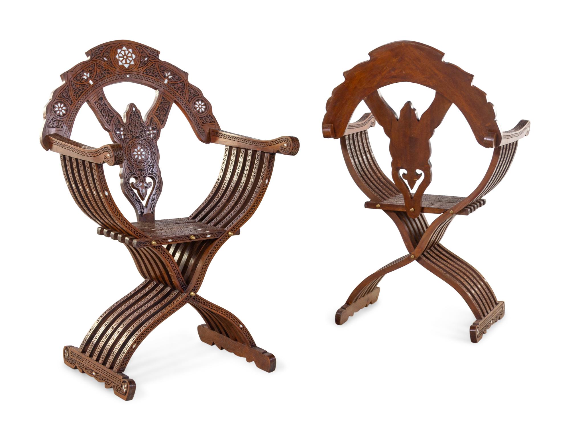 A Pair of Syrian Mother-of-Pearl Inlaid Walnut Savonarola Chairs