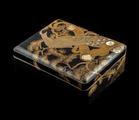 A Large Japanese Mother-of-Pearl Inlaid Gold and Black Lacquer Stationary Box and Cover, Bunko, Meiji Period 日本明治時代 蒔繪嵌螺鈿孔雀圖文箱