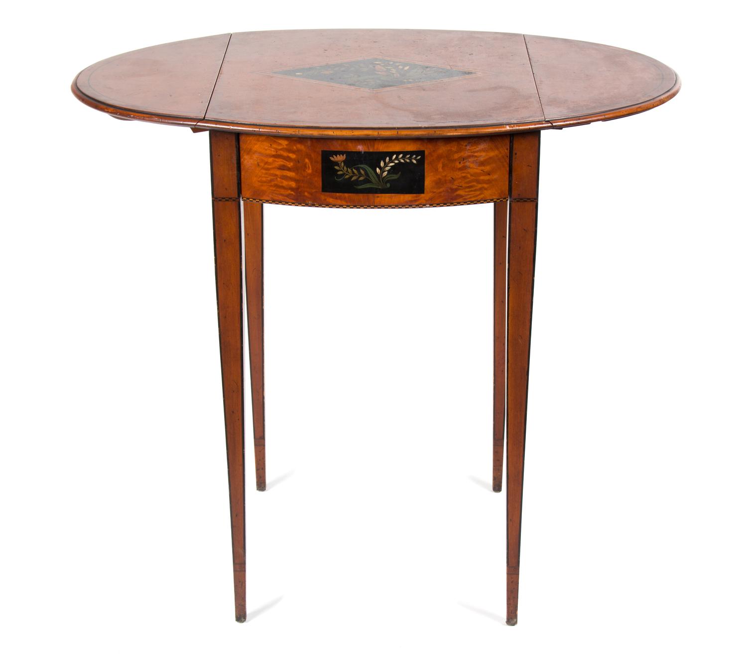 An Edwardian Style Painted and Inlaid Drop-Leaf Side Table Height 27 1/4 x width 17 x depth 20 1/2 inches. — 20TH CENTURY