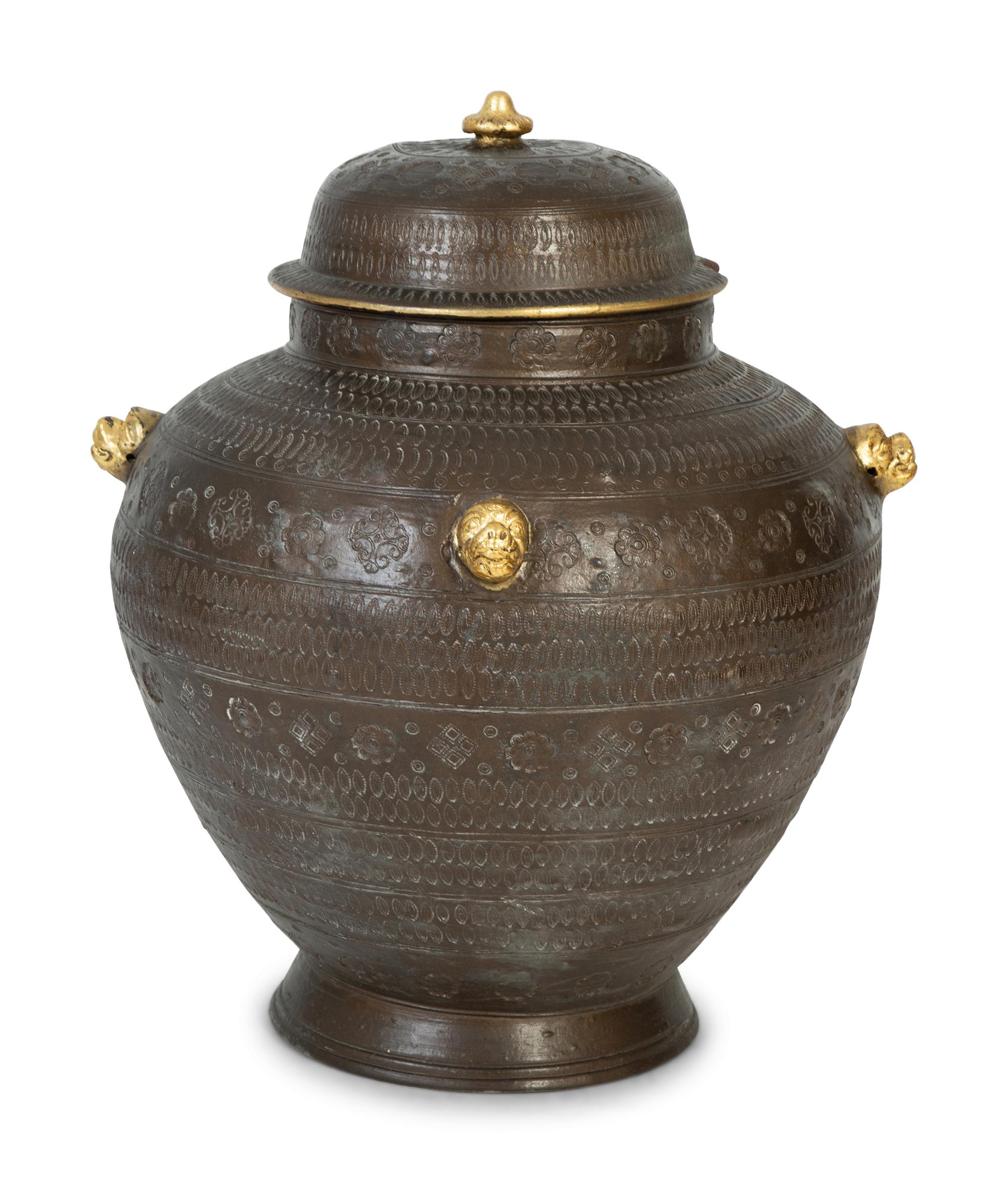 An Asian Brown Glazed Covered Jar with Gilt Accents — 20TH CENTURY
