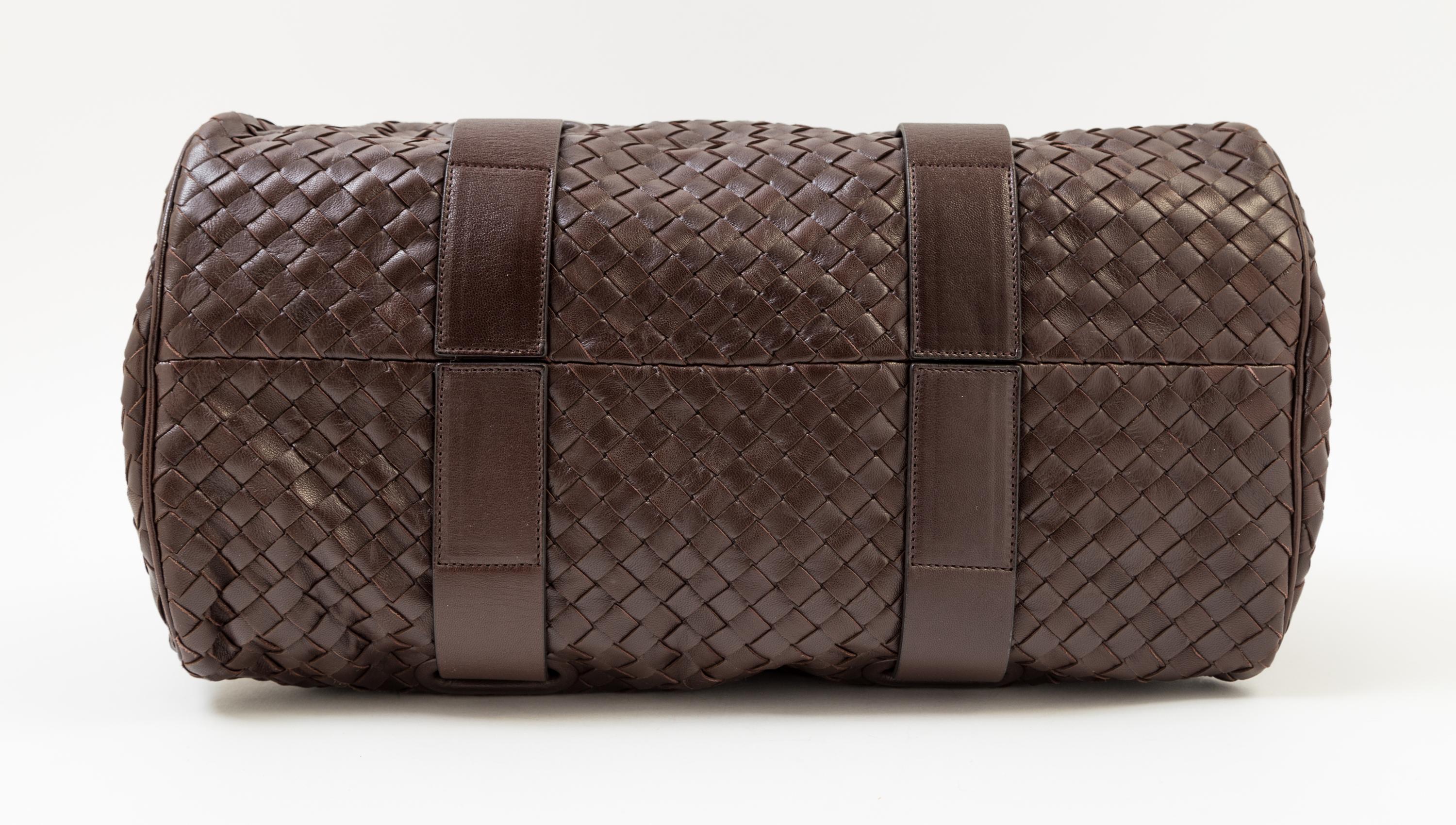 A Bottega Veneta Chocolate Intrecciato Small Duffle Bag, 14" x 9" x 7"; Handle Drop: 6".