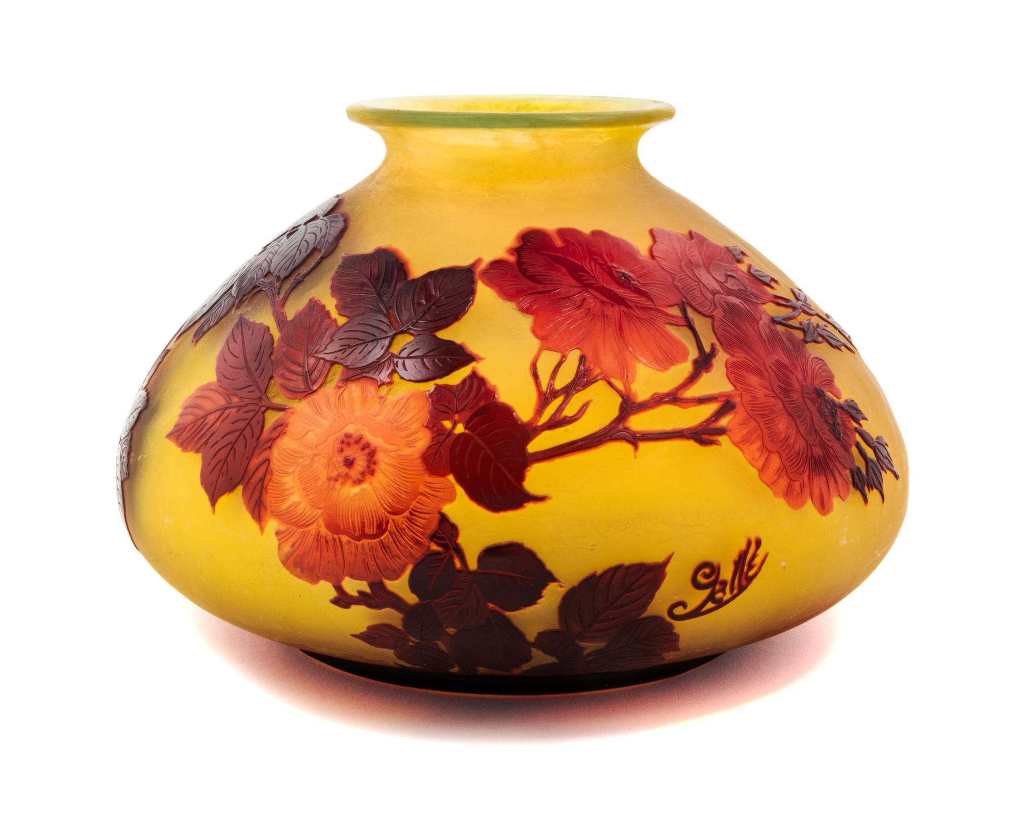 Emile Galle, (French, 1846-1904), a cameo glass vase, of low form with foliate decoration