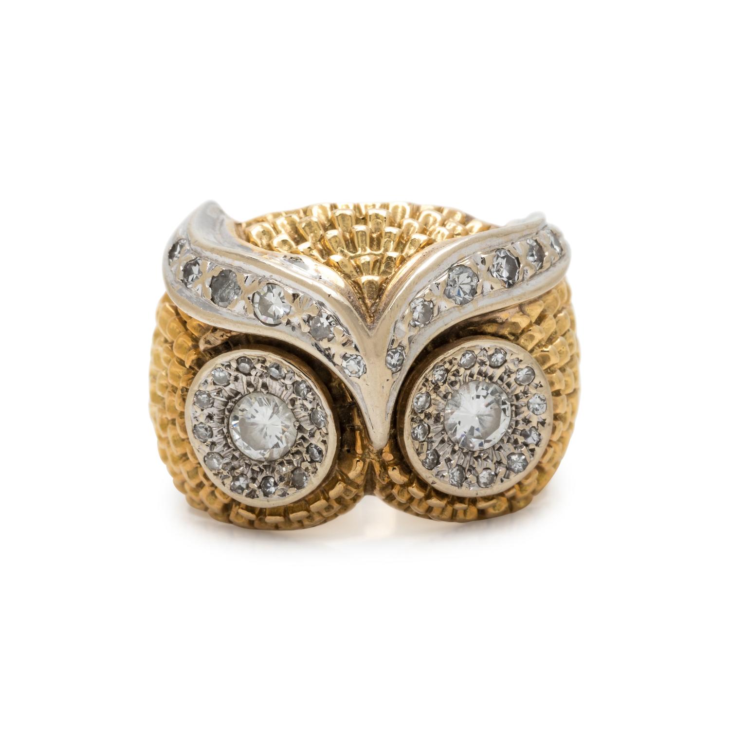 BICOLOR GOLD AND DIAMOND OWL RING