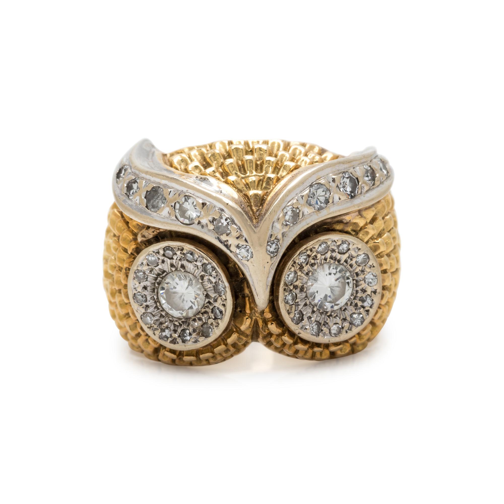 BICOLOR GOLD AND DIAMOND OWL RING