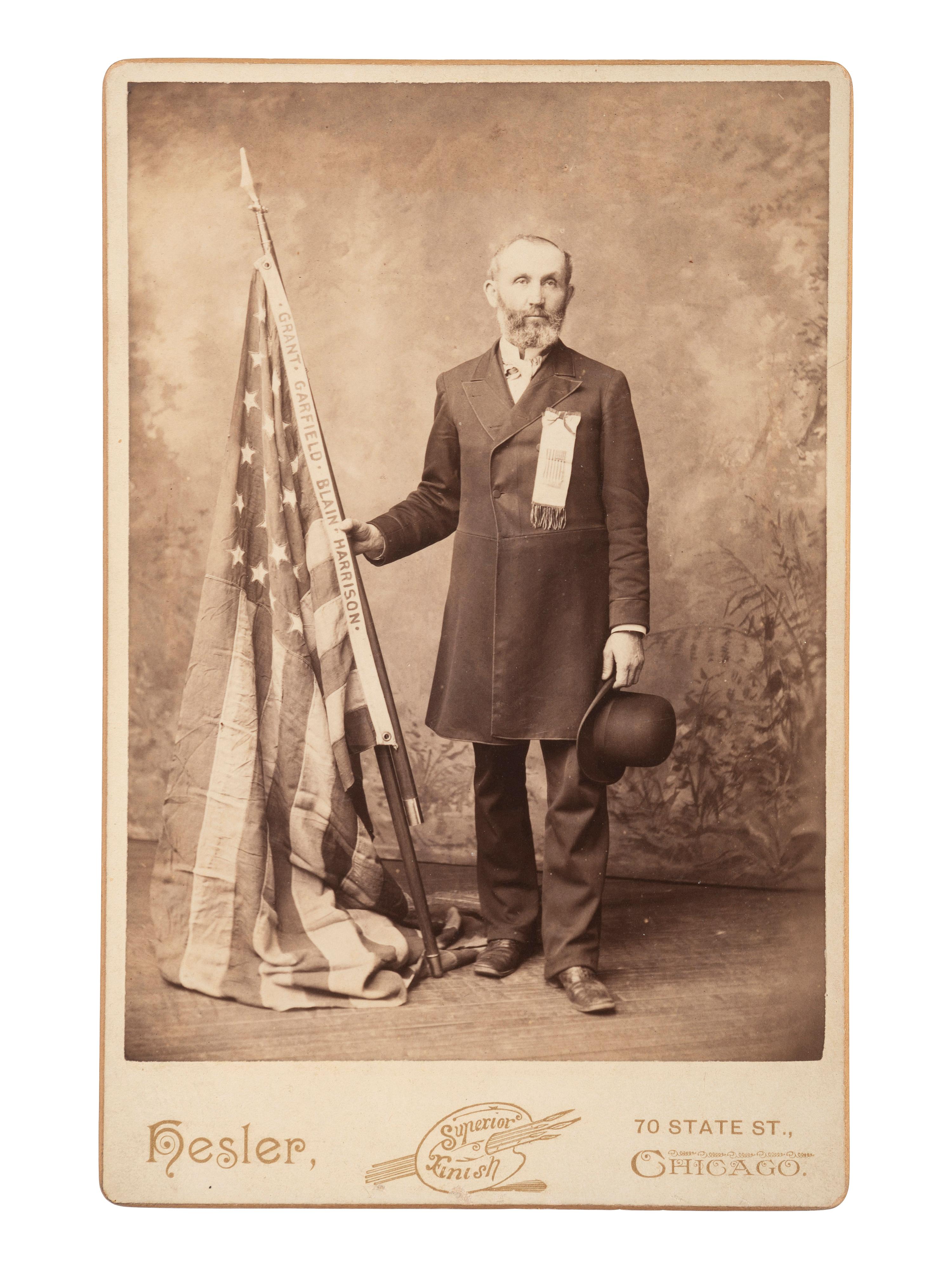 [BENJAMIN HARRISON]. A group of cabinet card portraits featuring campaign badges, flags, and pins, comprising: