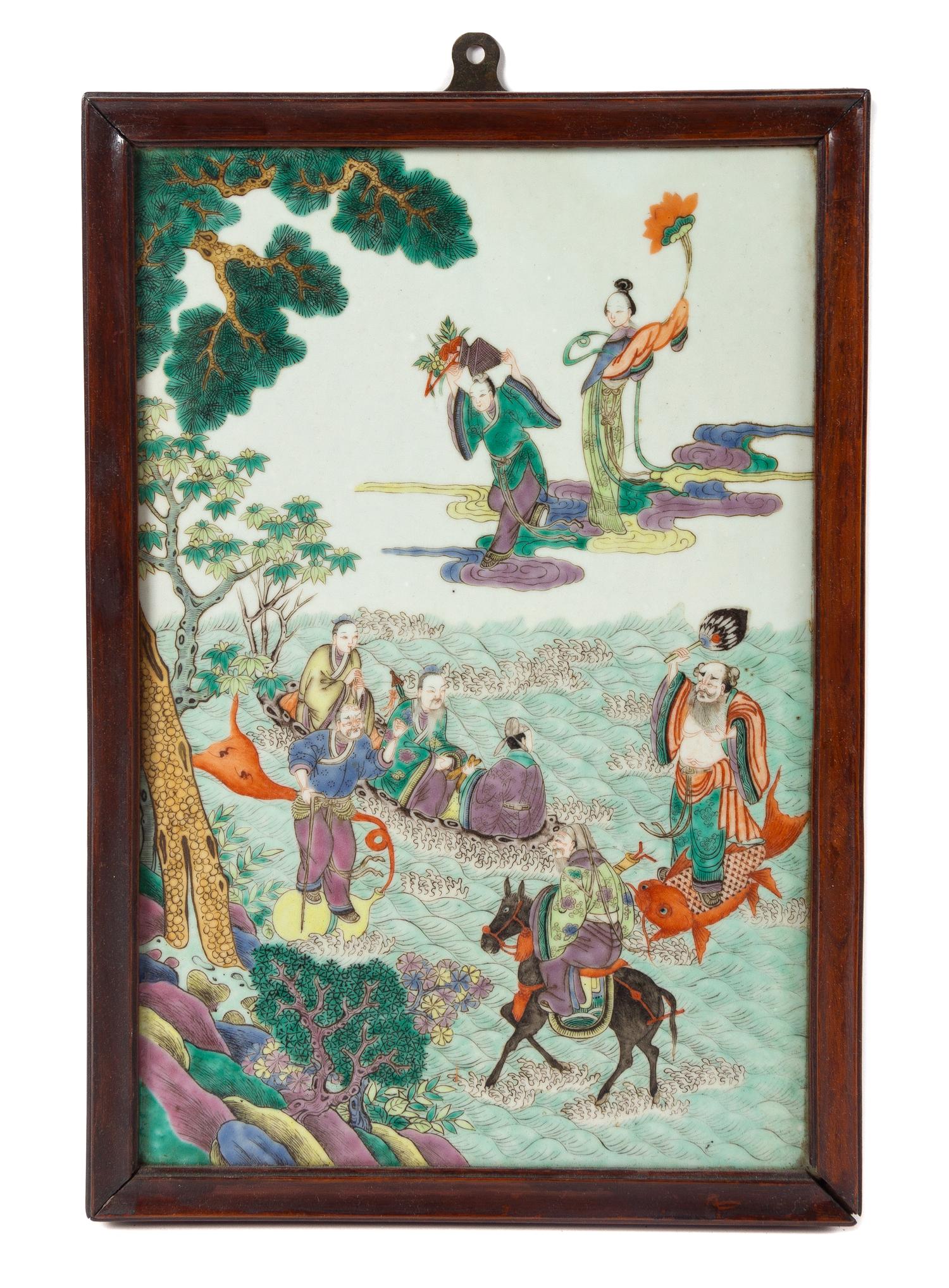A Famille Rose Porcelain Inset Hardwood Wall Panel Height 11 1/2 inches. — 20TH CENTURY