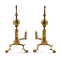 A Pair of Brass Steeple Top Andirons Height 26 inches. — 18TH CENTURY
