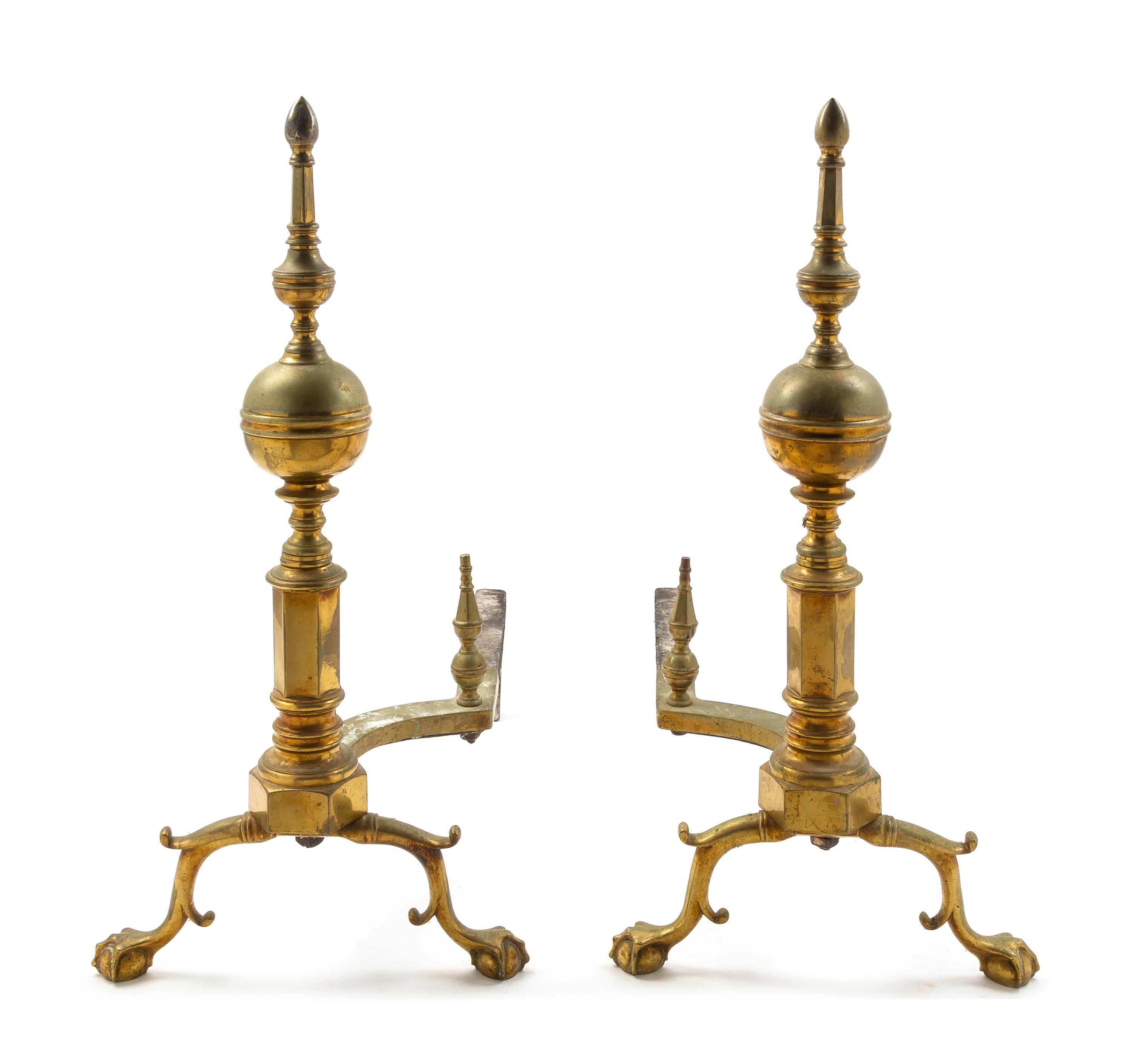 A Pair of Brass Steeple Top Andirons Height 26 inches. — 18TH CENTURY