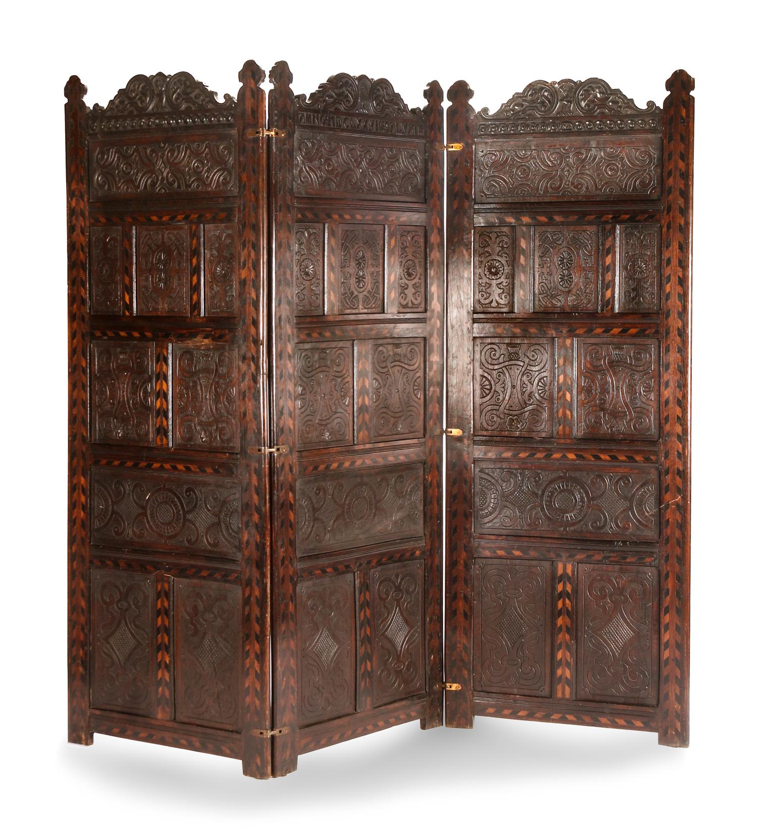 An English Renaissance Revival Three-Panel Floor Screen Height 78 1/2 x width of each panel 30 inches. — 19TH CENTURY